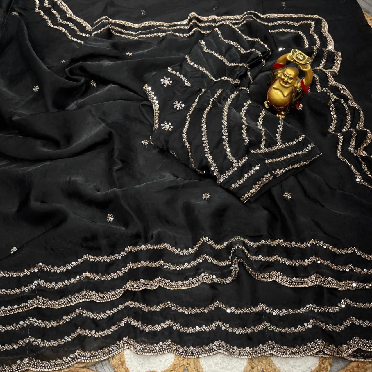 Space silk satin 3 line handwork saree