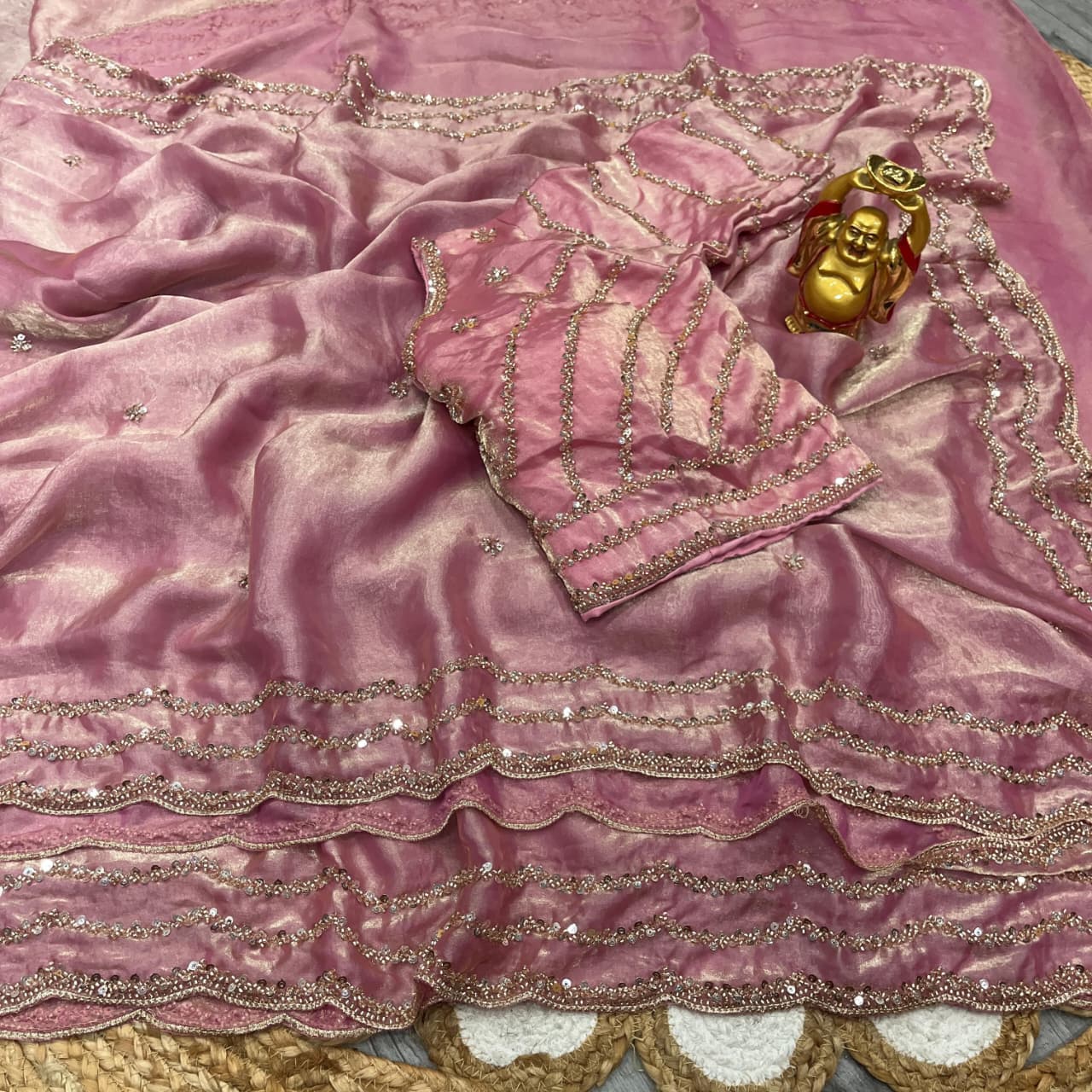 Space silk satin 3 line handwork saree