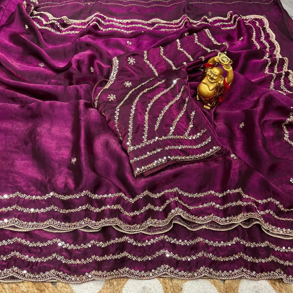 Space silk satin 3 line handwork saree