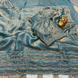 Space silk satin 3 line handwork saree