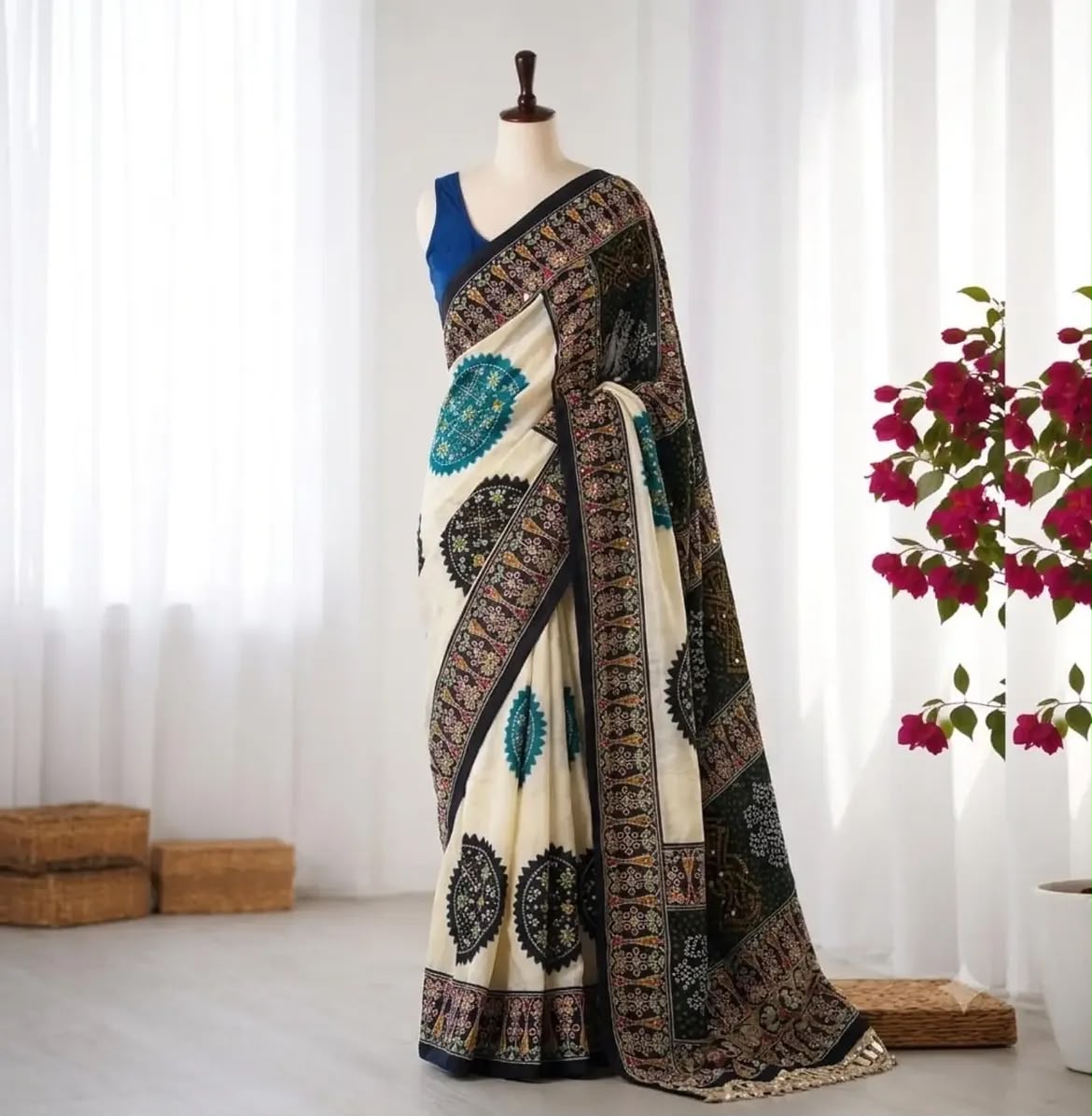 Ajrak crape mirror sarees