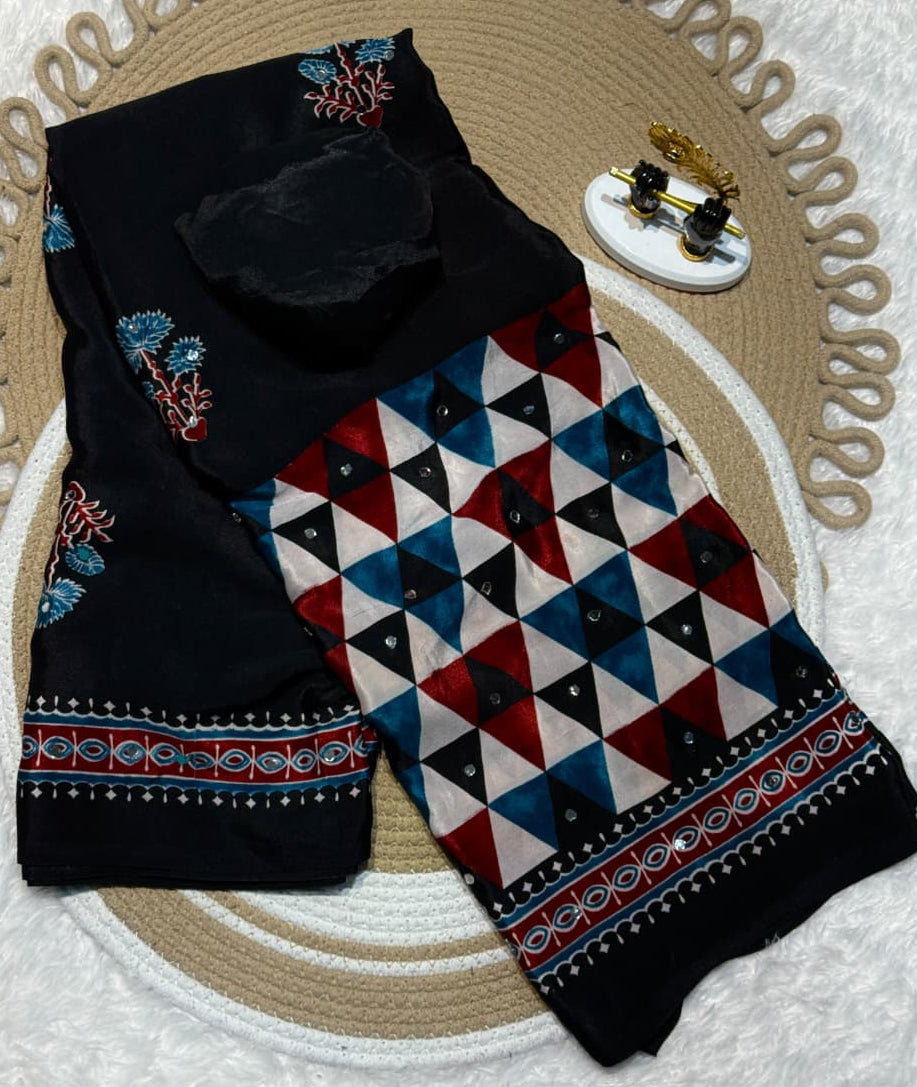 Ajrak sarees with mirror work