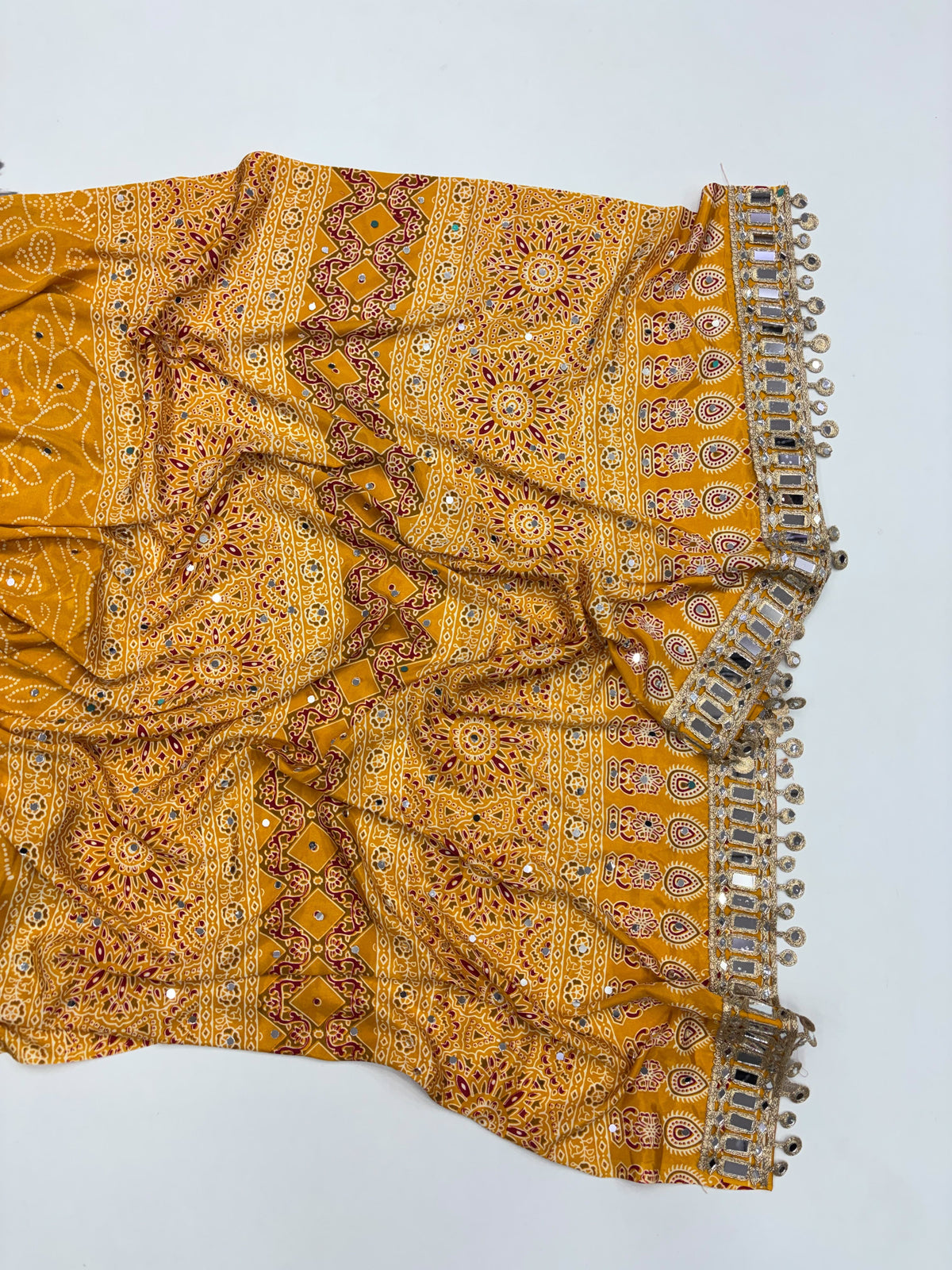 Ajrak mirror work sarees