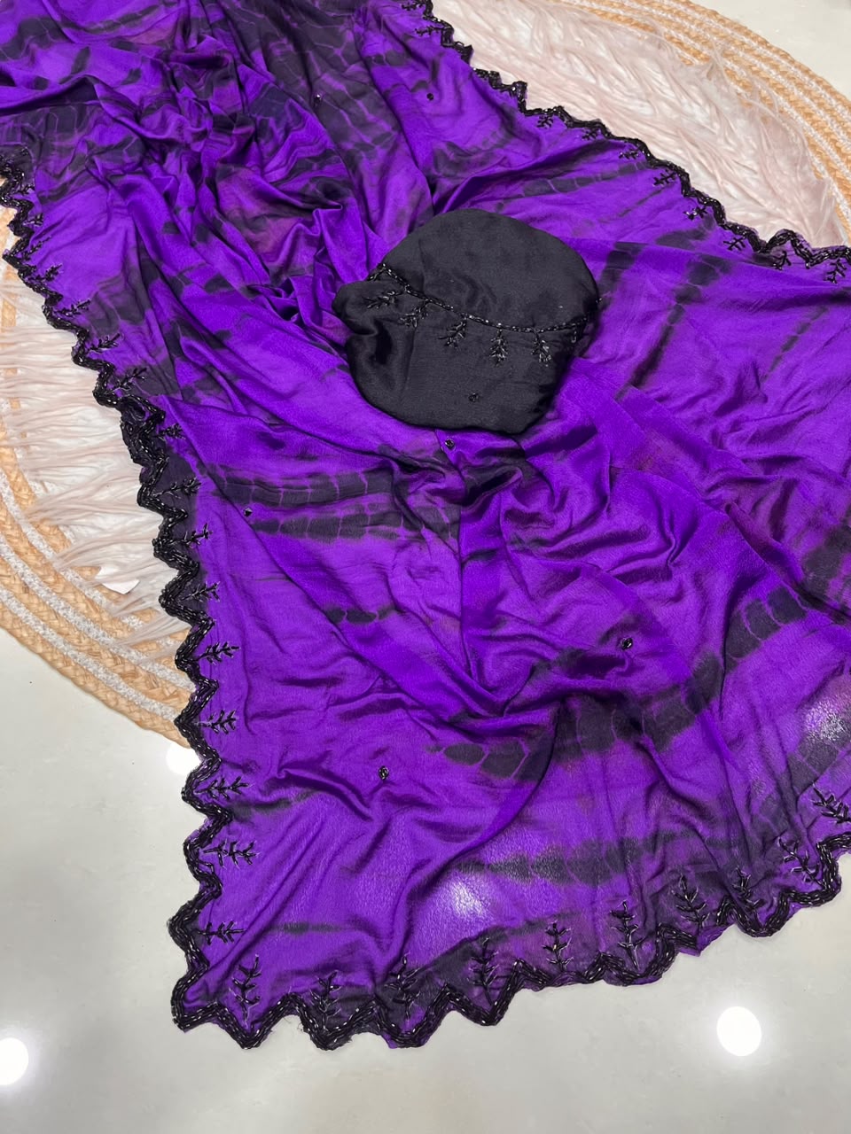 Dyeable chinnon handwork sarees