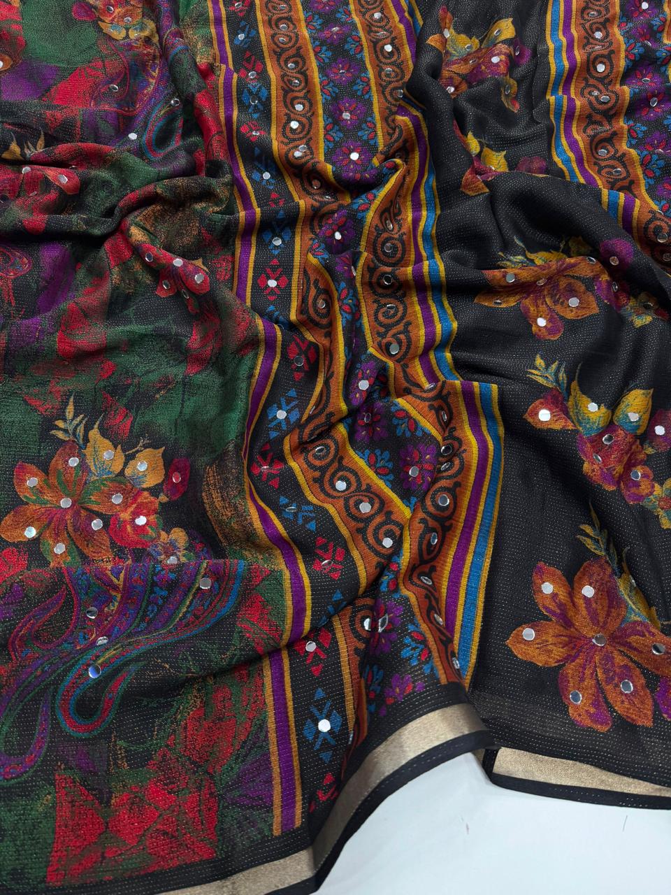 Soft silk real mirror work saree