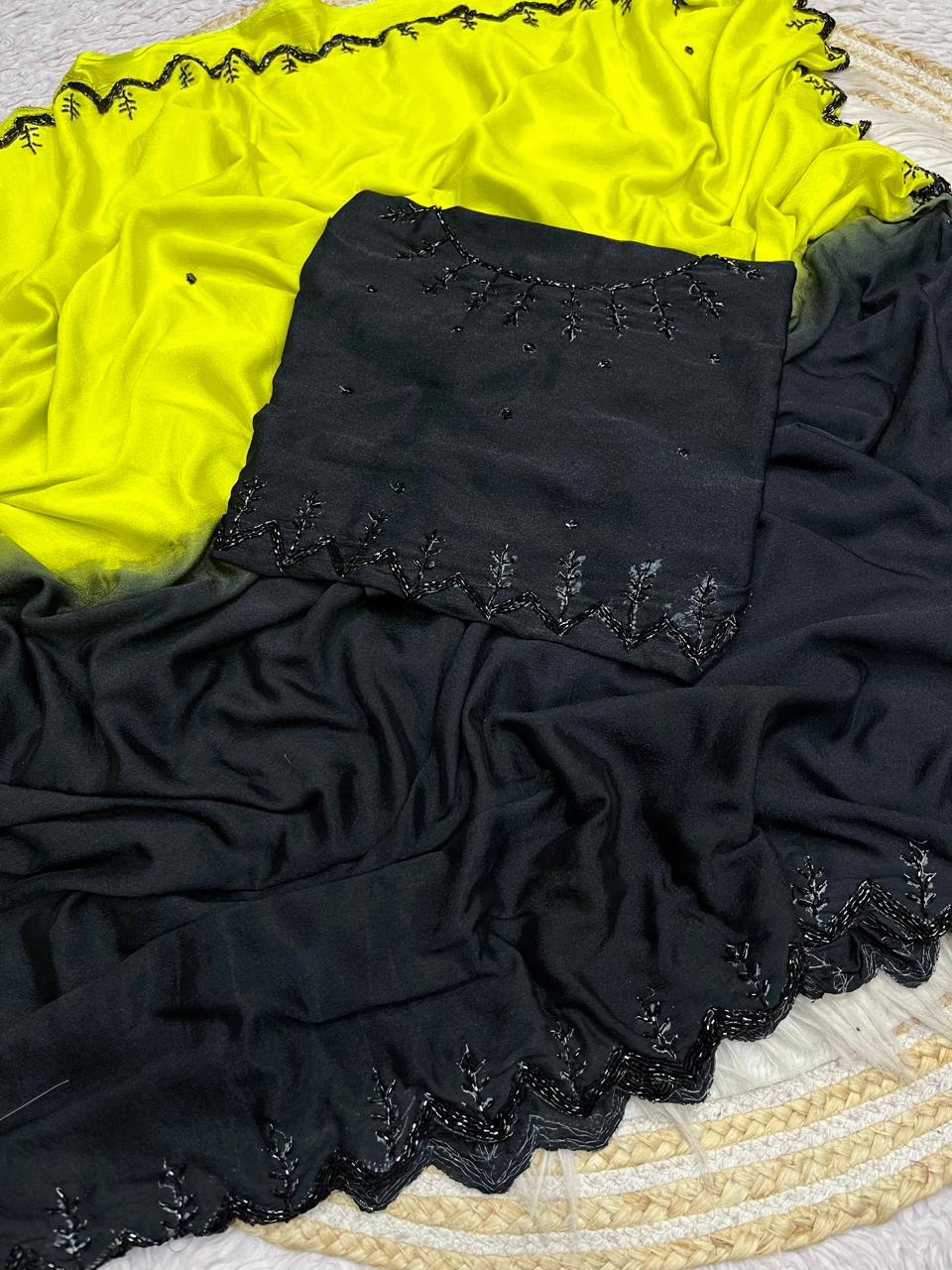 Dyeing chinnon dual shade handwork saree