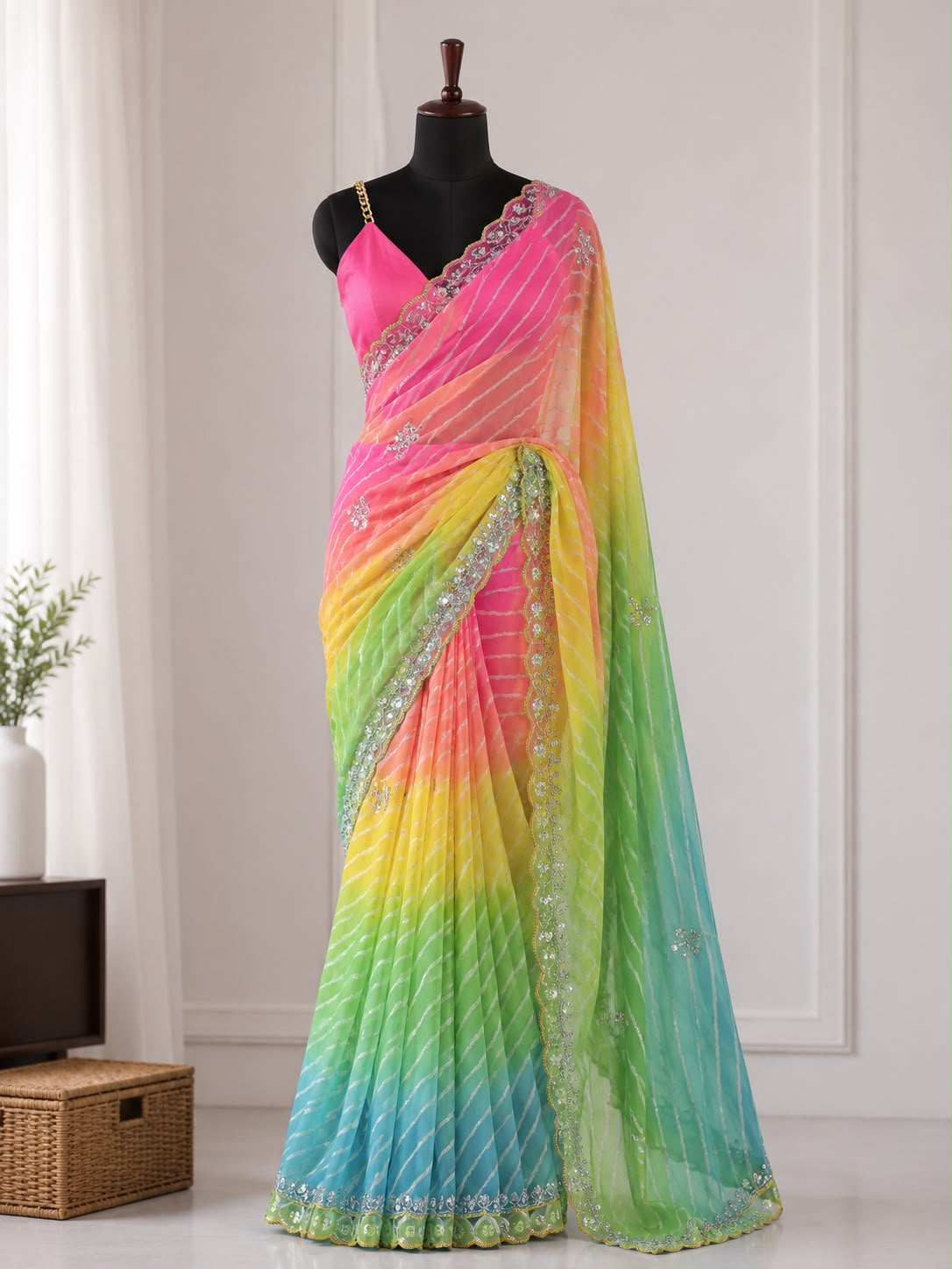 Georgette bandhini multicolour saree with handwork