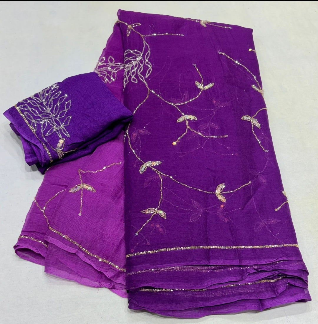 Chiffon Dual colour Handwork sarees