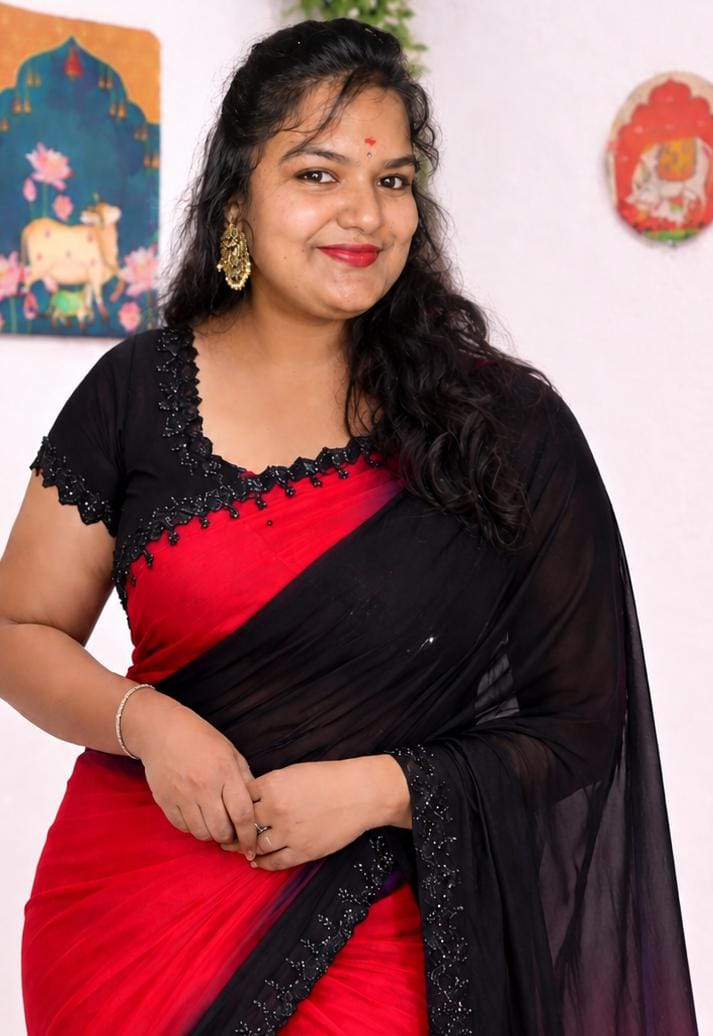 Dyeing chinnon dual shade handwork saree