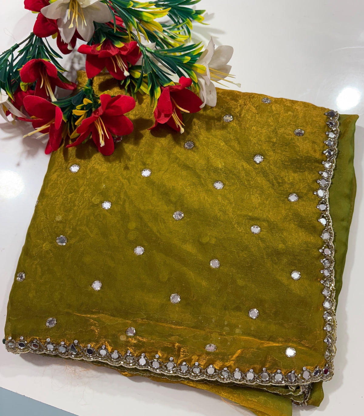 Space silk saree with real mirror work