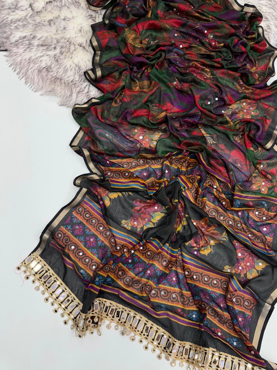 Soft silk real mirror work saree
