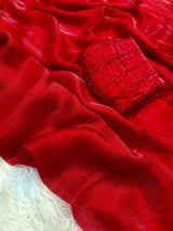 Space silk satin saree with beads work blouse