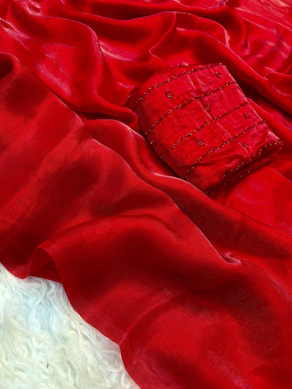 Space silk satin saree with beads work blouse