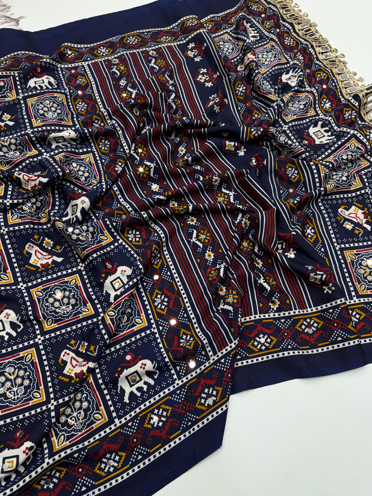 Ajrak satin crepe silk sarees