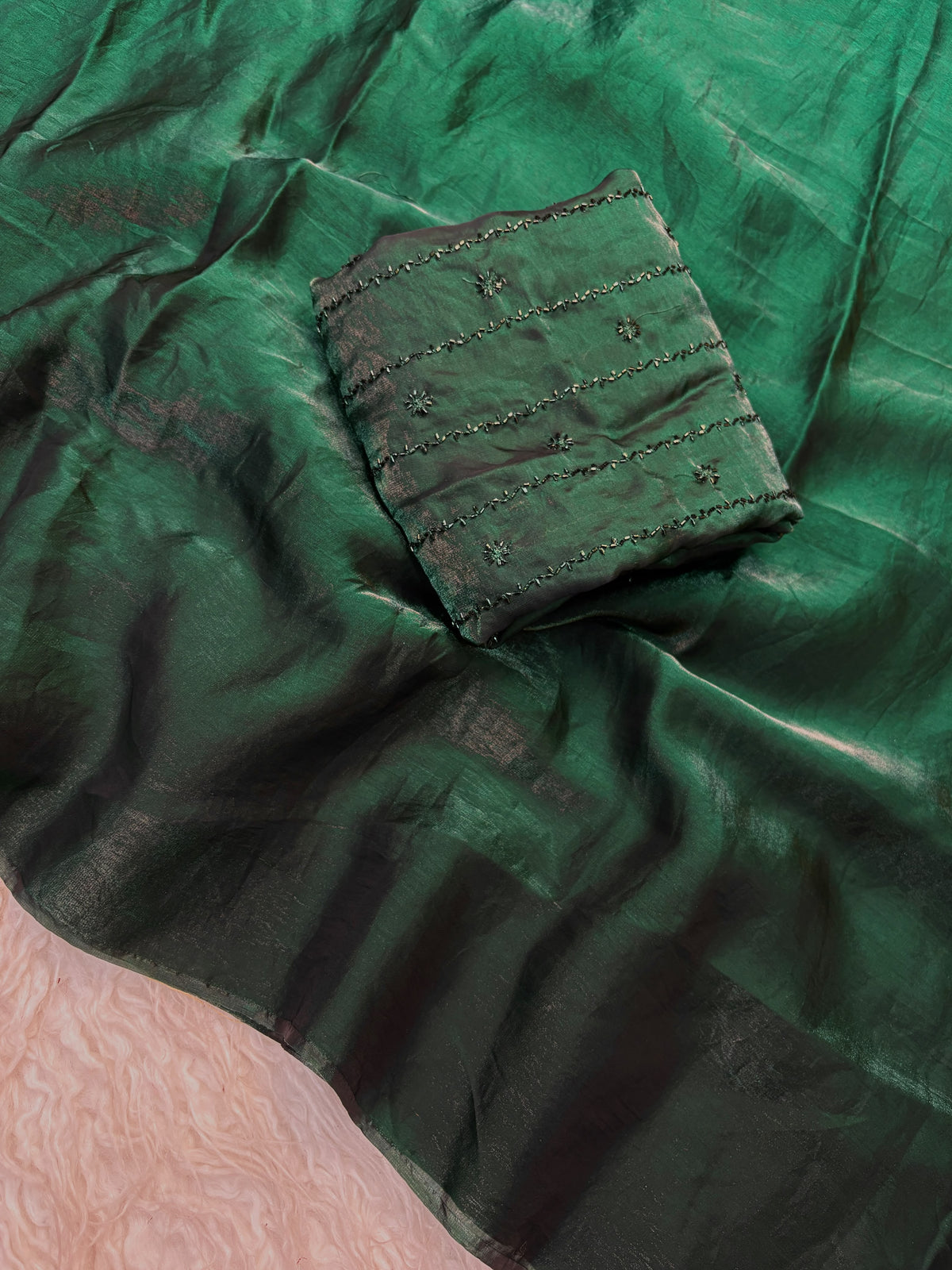 Space silk satin saree with beads work blouse