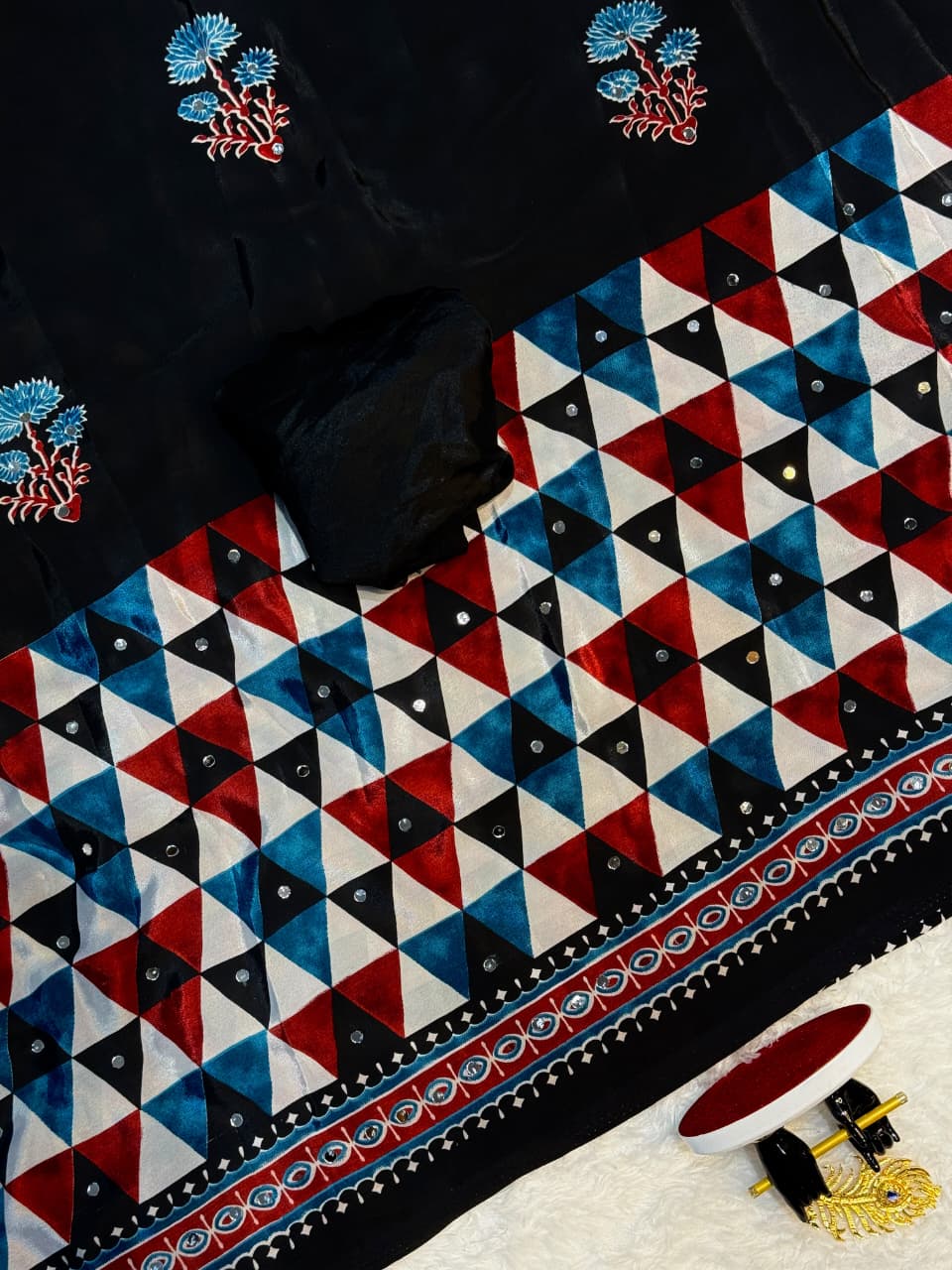 Ajrak sarees with mirror work
