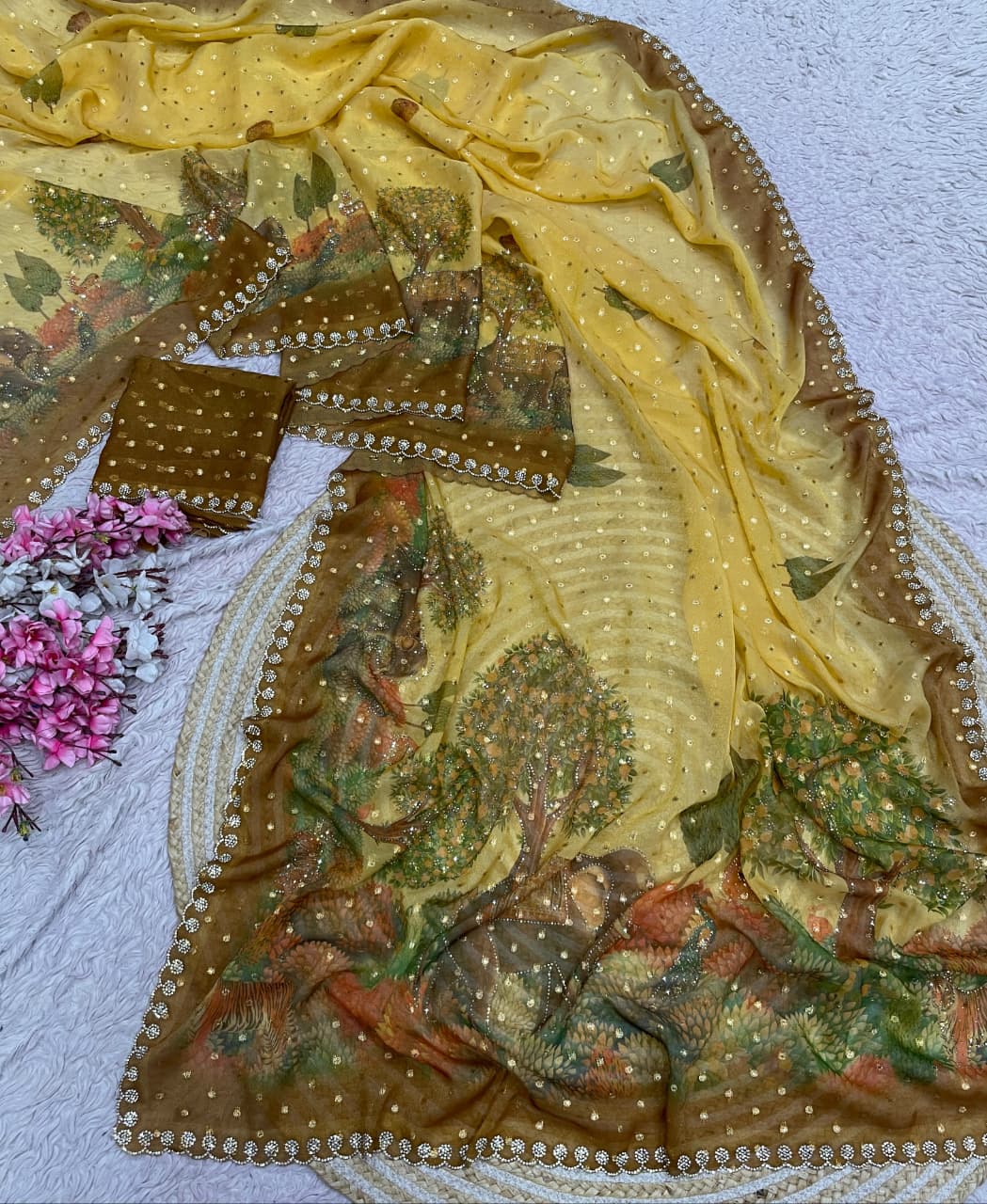 Premium moss saree with jarkhan work