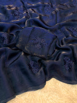 Space silk saree with beads work flower design