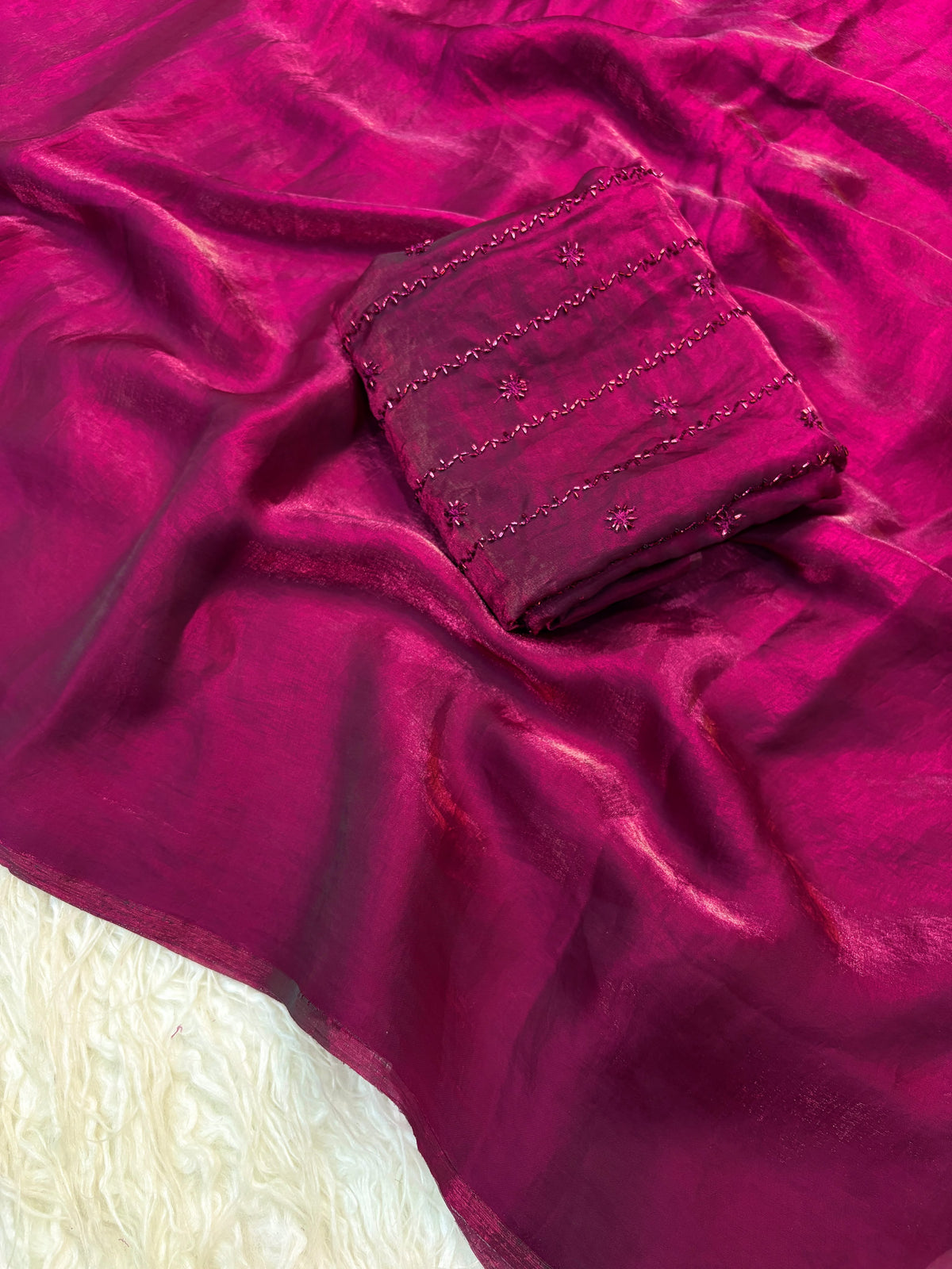 Space silk satin saree with beads work blouse