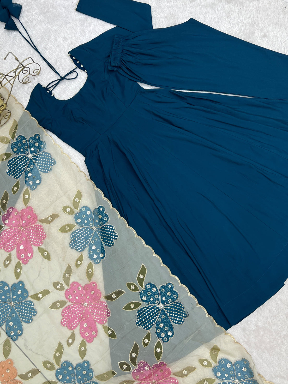 PREMIUM QUALITY PURE ROMANSILK FABRIC FULLY FLARE ANARKALI,WITH FANCY DUPAPTA SET.