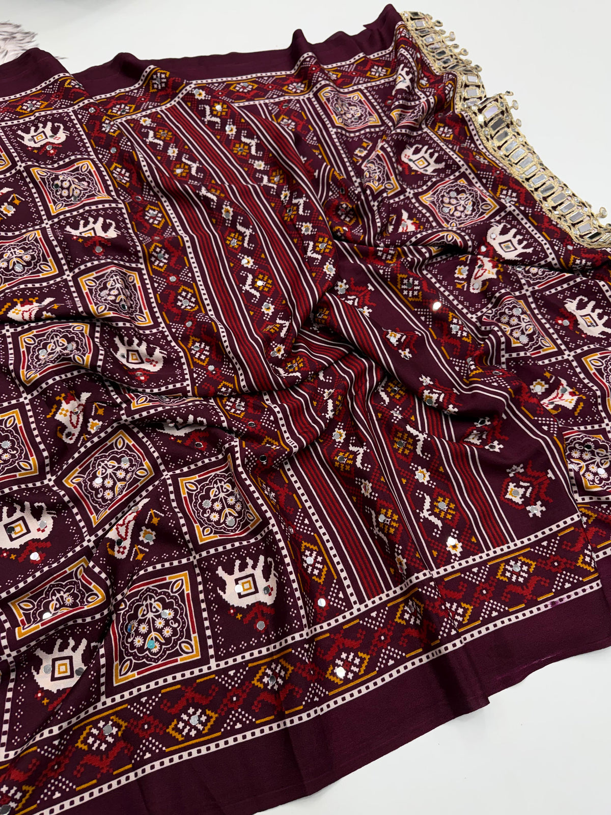 Ajrak satin crepe silk sarees