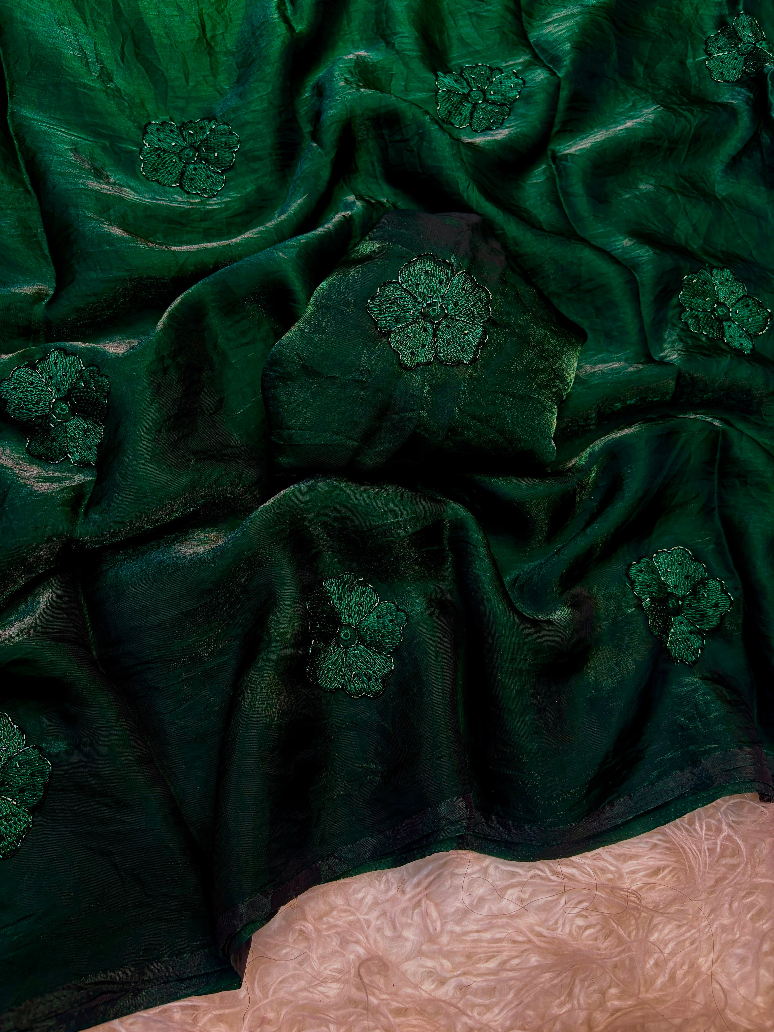 Space silk saree with beads work flower design