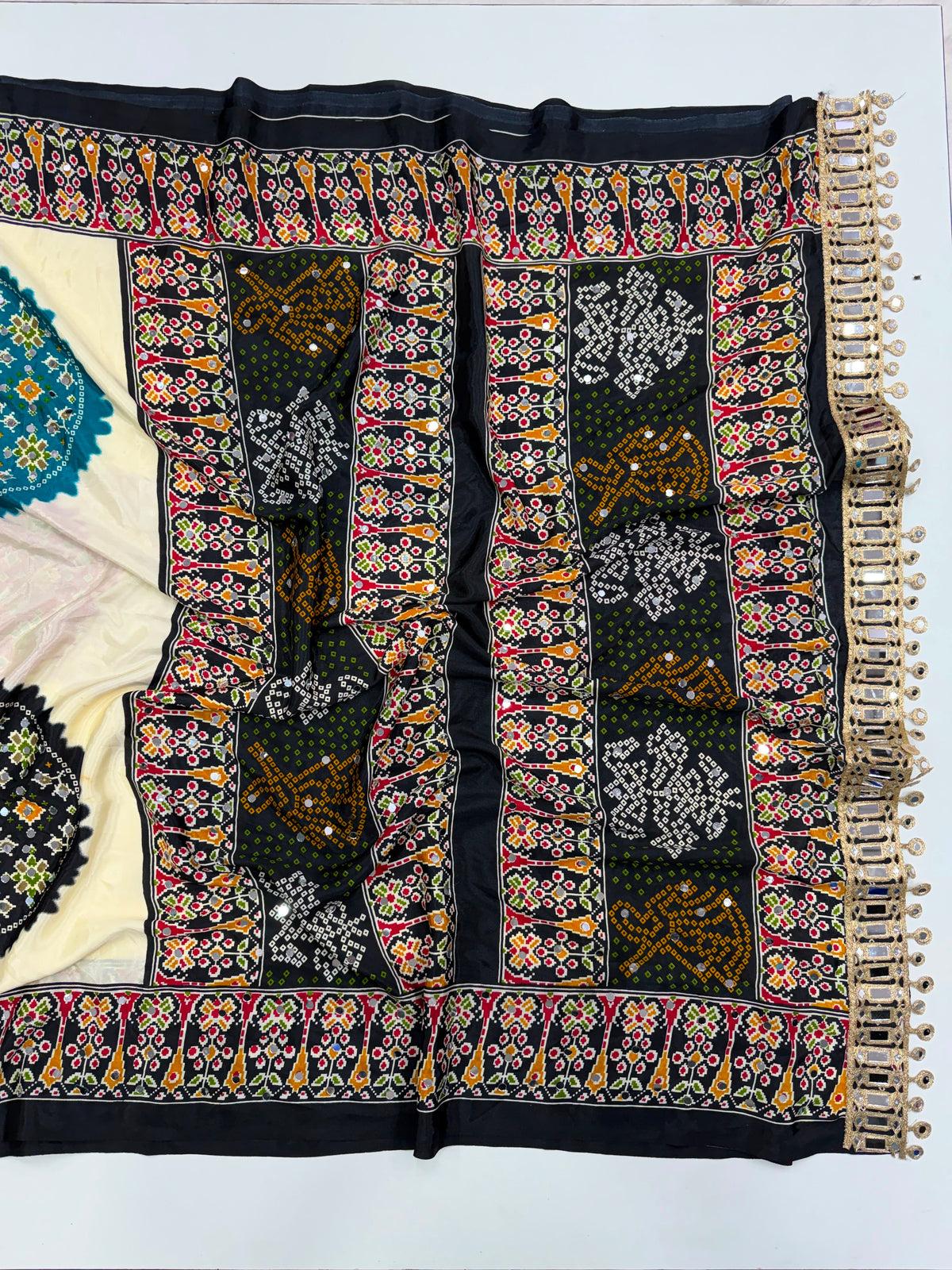 Ajrak crape mirror sarees