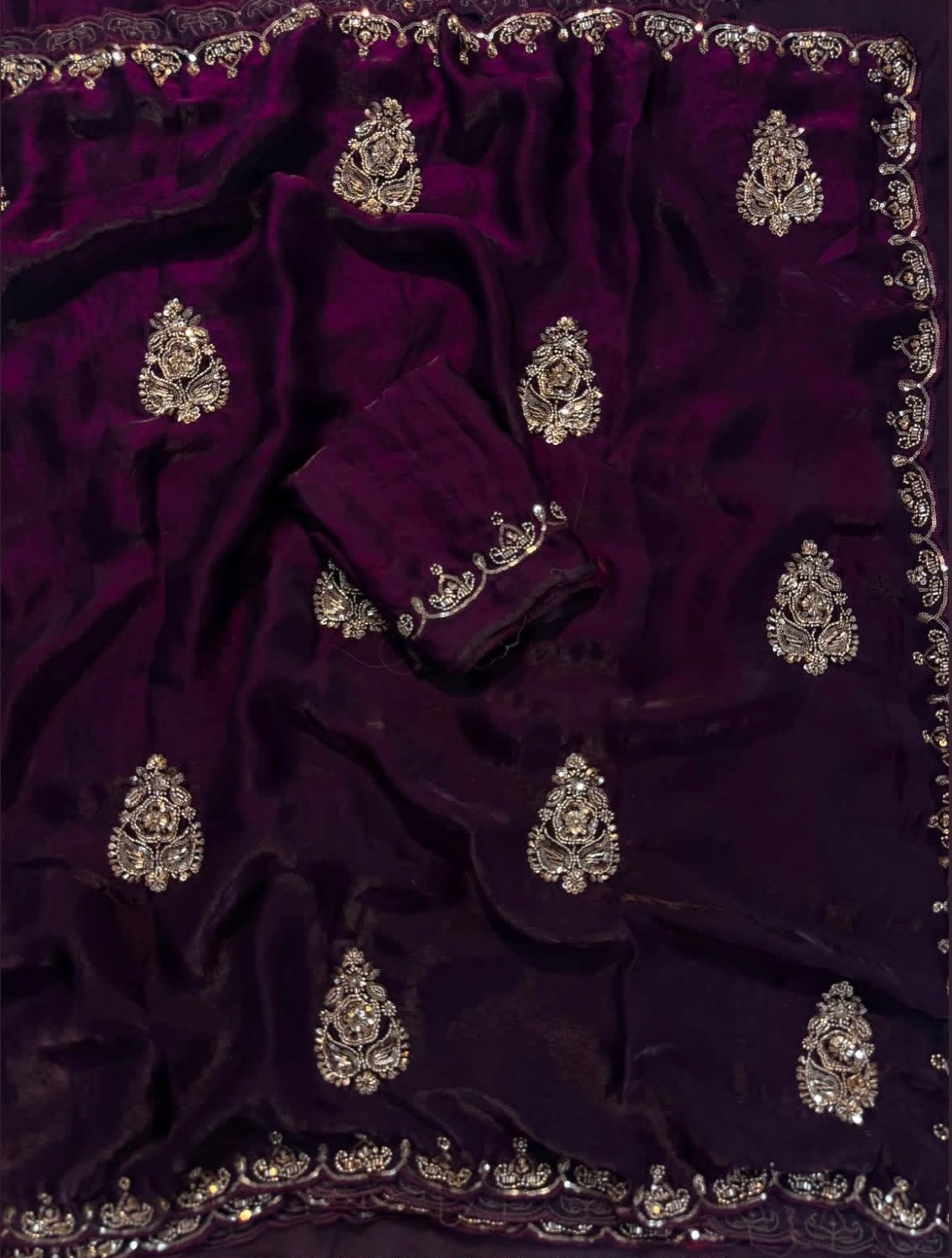 Space silk satin handwork sarees