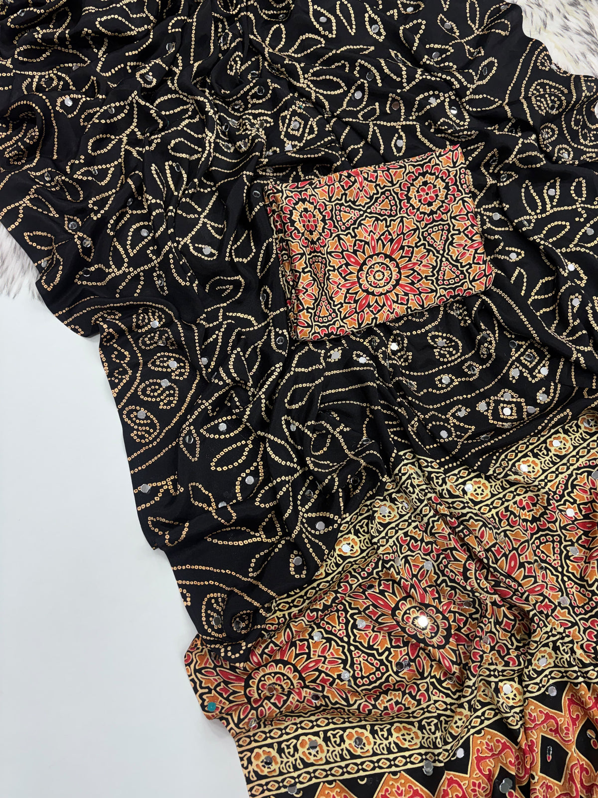 Ajrak mirror work sarees