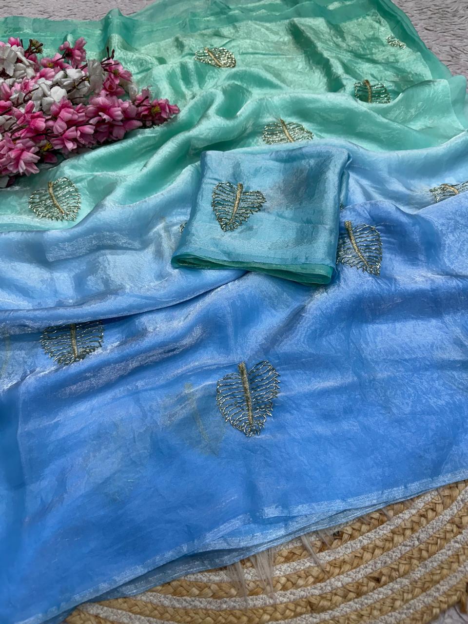 Space silk sarees with beads work