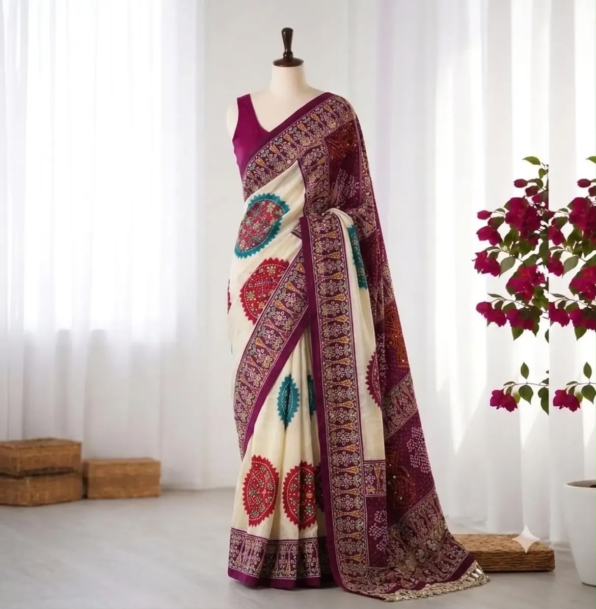 Ajrak crape mirror sarees