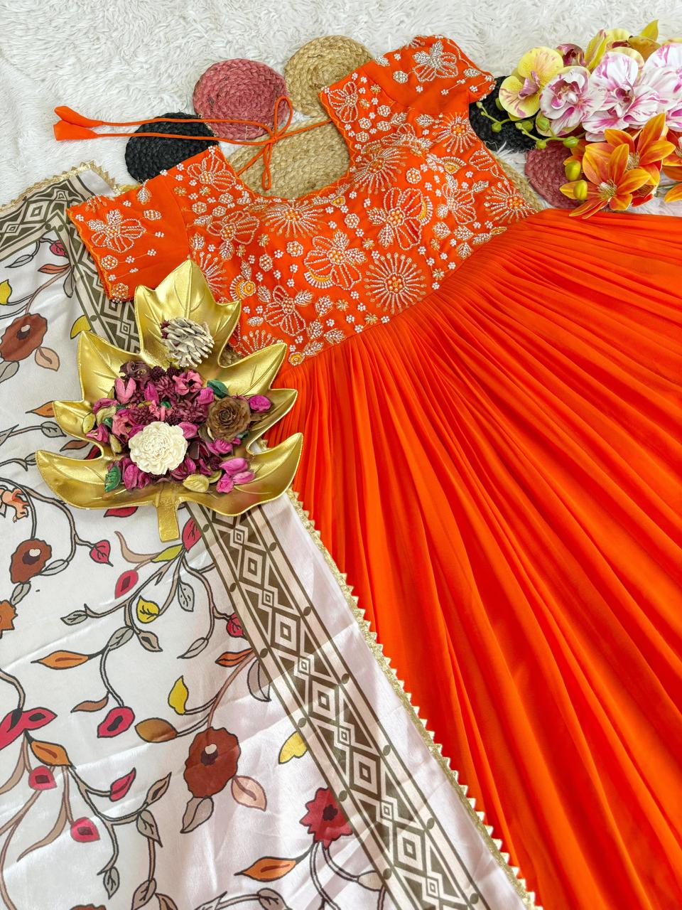 Maggam Work Gown With Kalamkari Dupatta