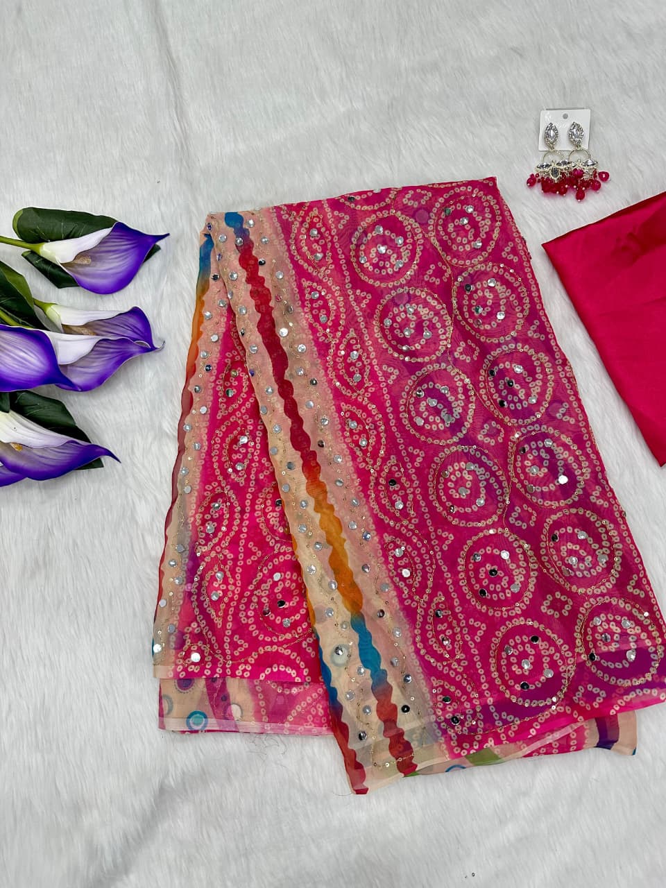 Tabby silk with real mirror bandini saree