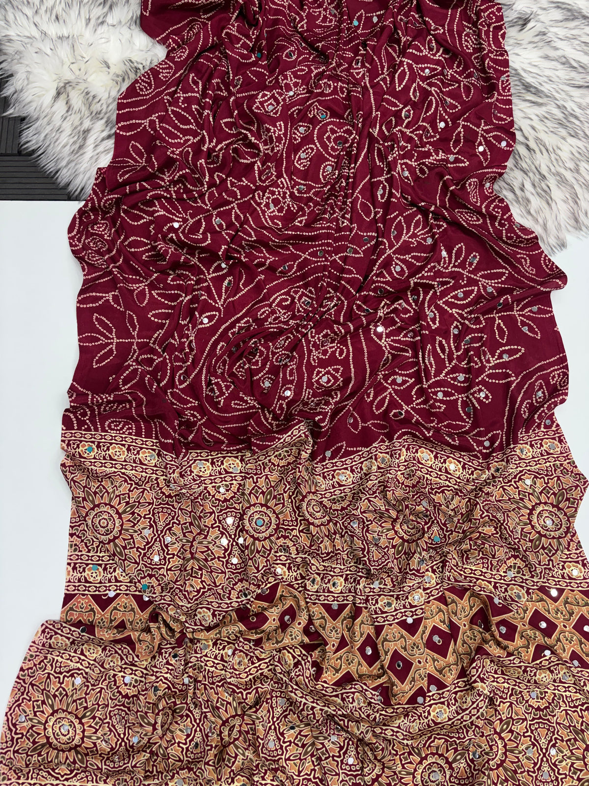 Ajrak mirror work sarees