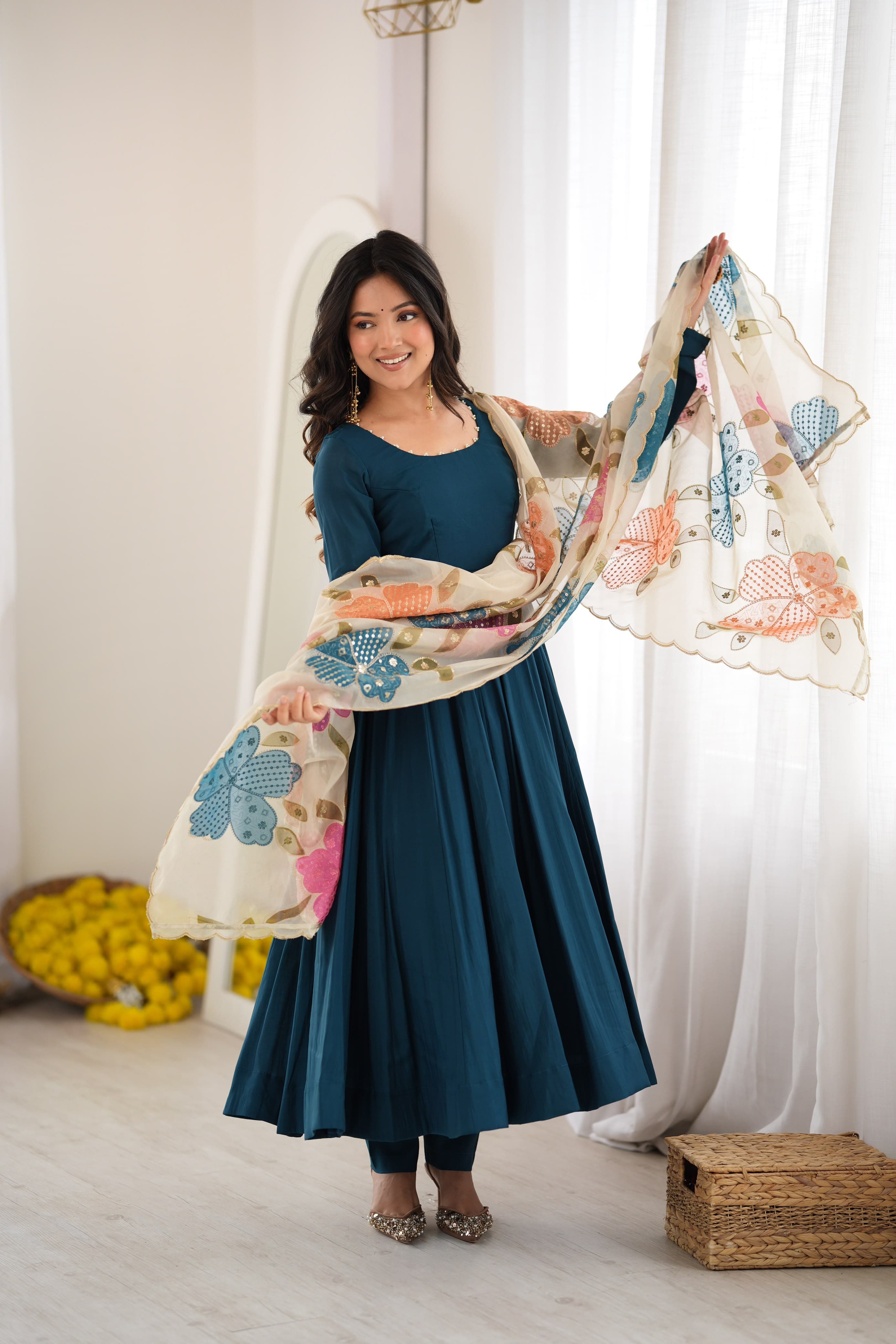 PREMIUM QUALITY PURE ROMANSILK FABRIC FULLY FLARE ANARKALI,WITH FANCY DUPAPTA SET.