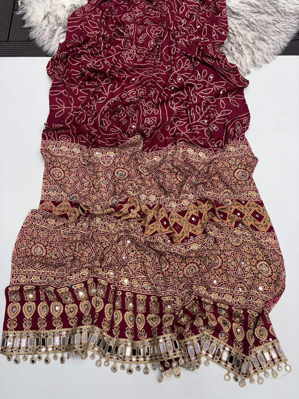 Ajrak mirror work sarees