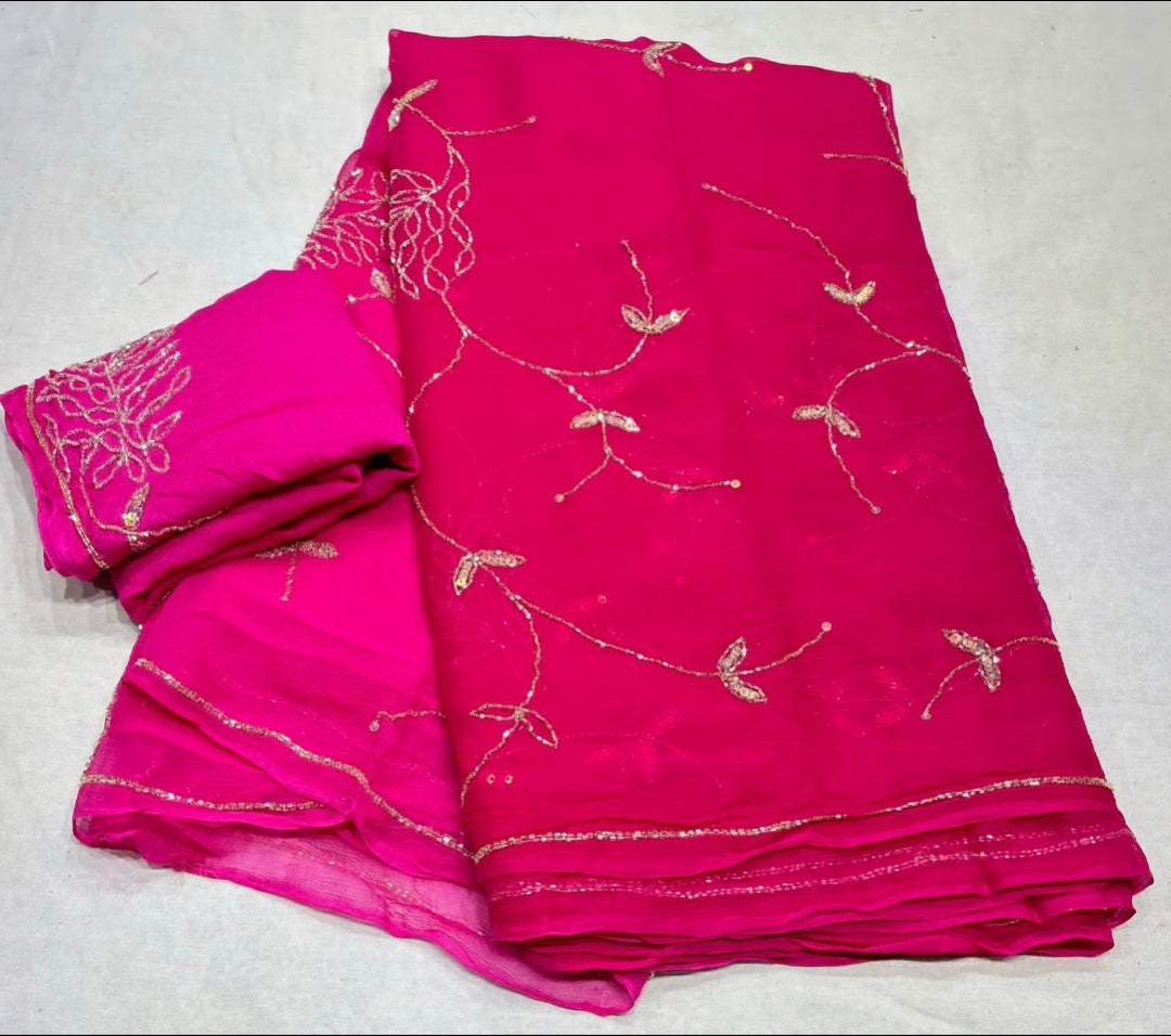 Chiffon Dual colour Handwork sarees