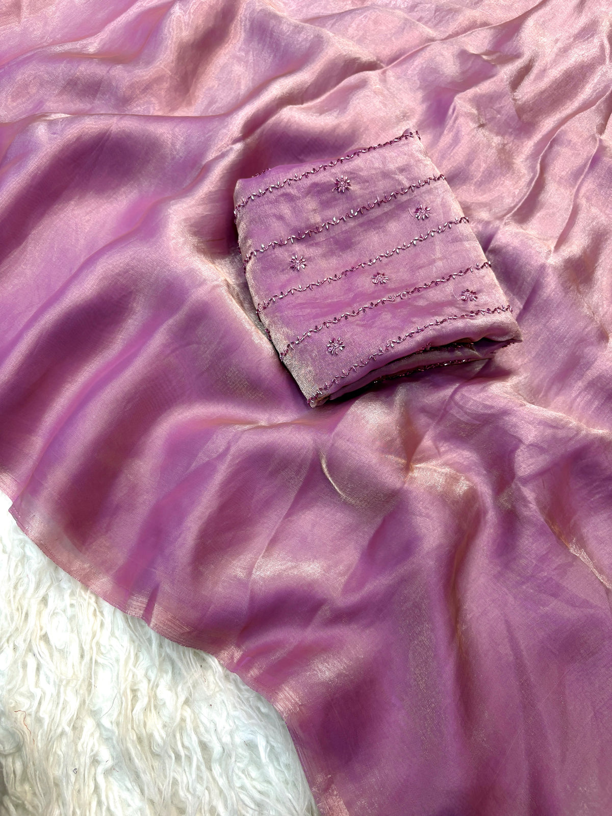 Space silk satin saree with beads work blouse