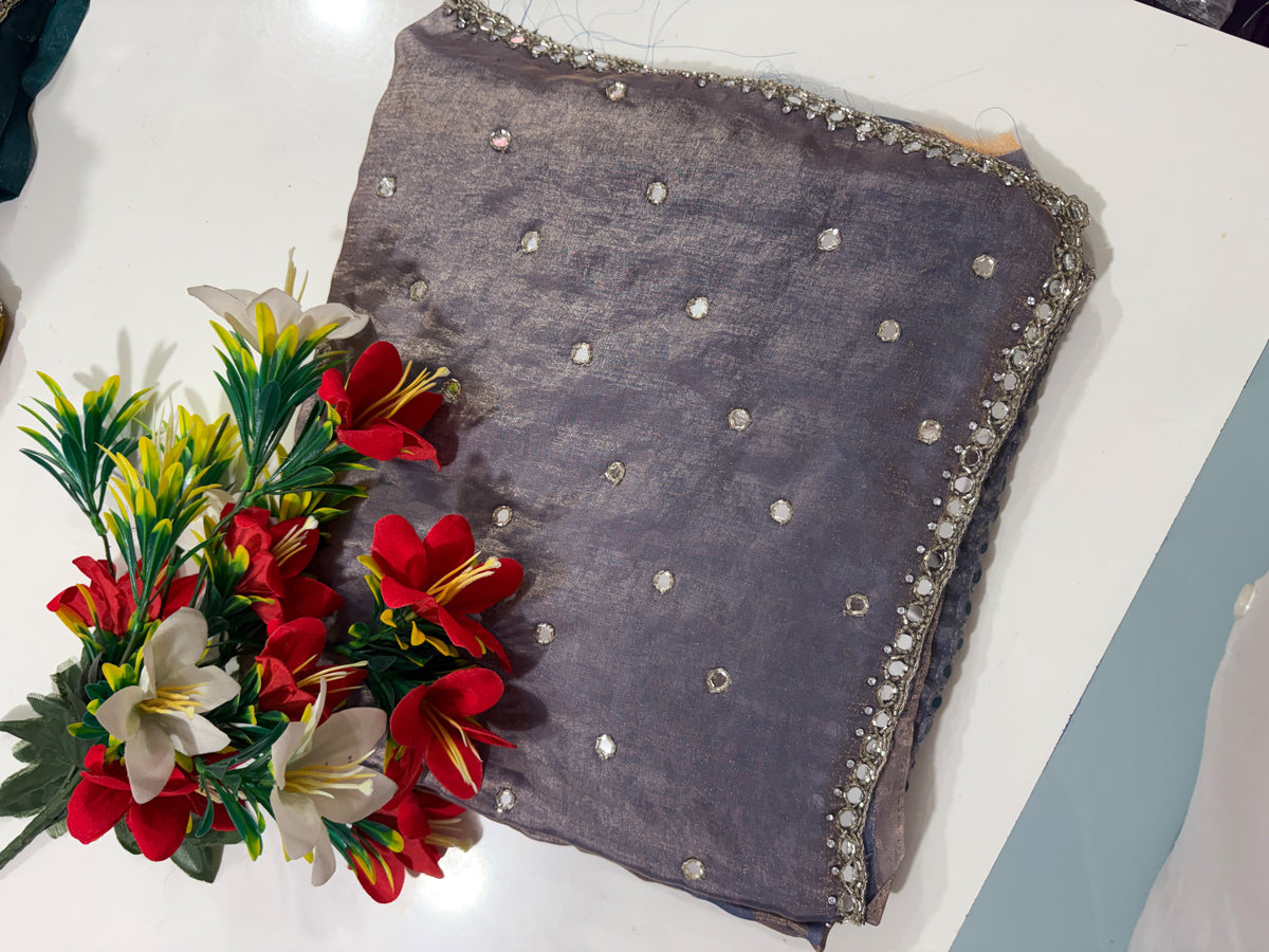 Space silk saree with real mirror work