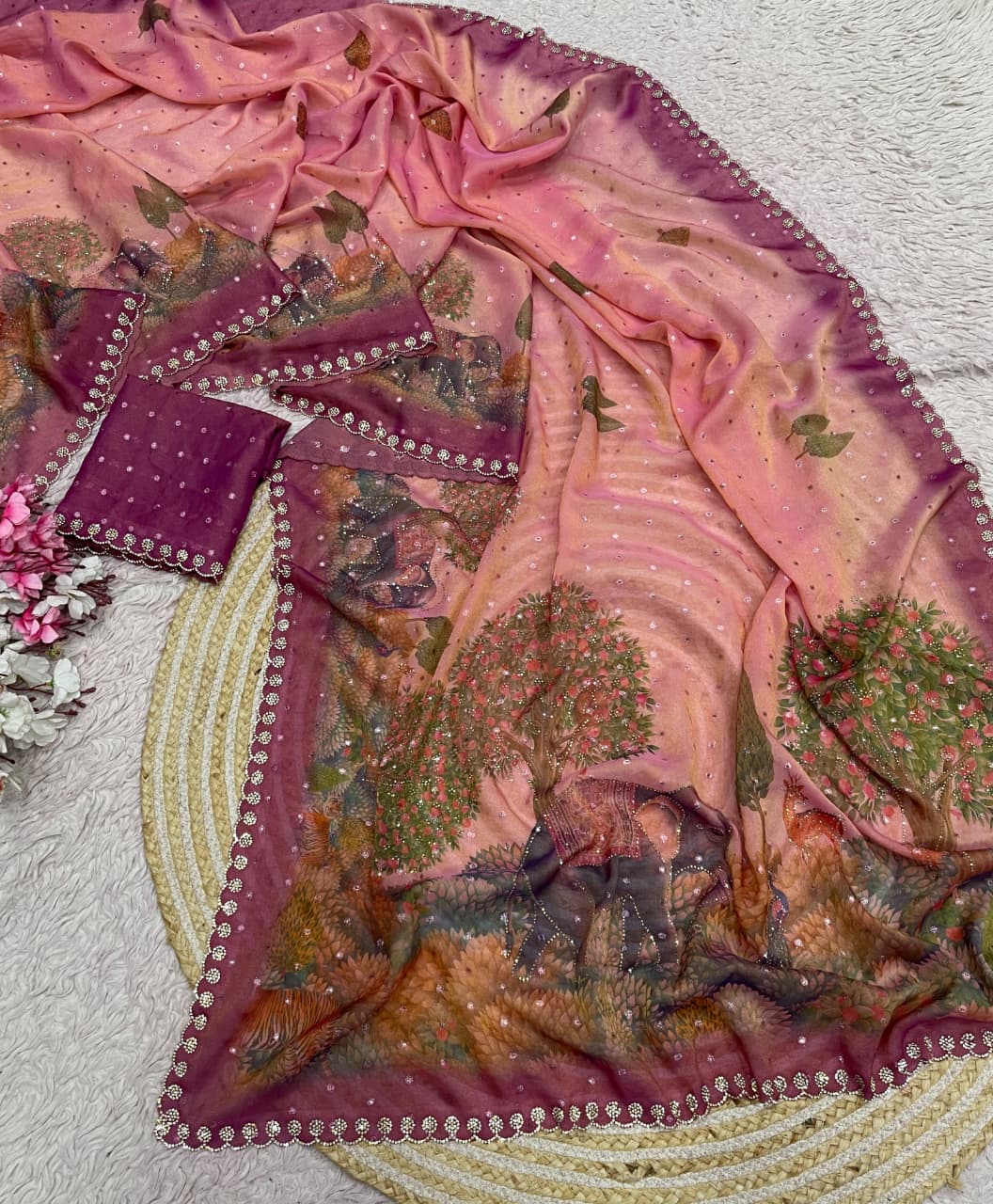 Premium moss saree with jarkhan work
