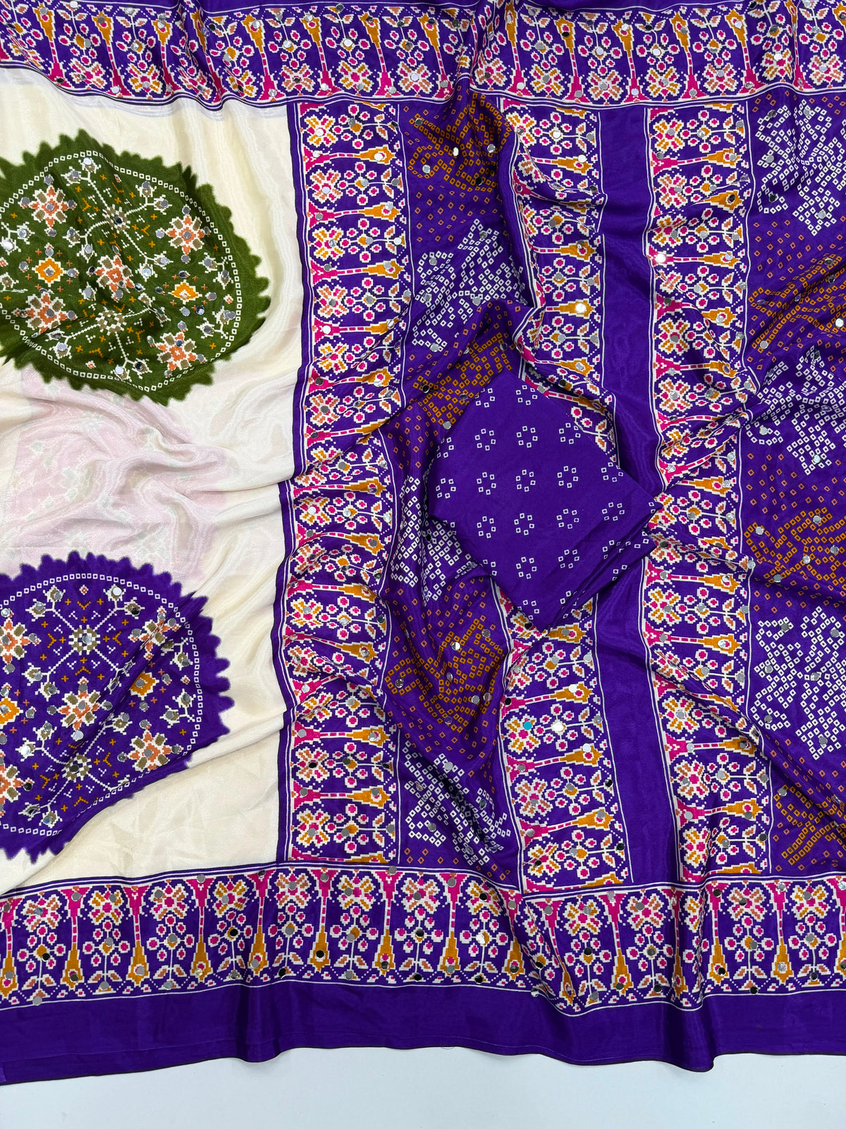 Ajrak crape mirror sarees
