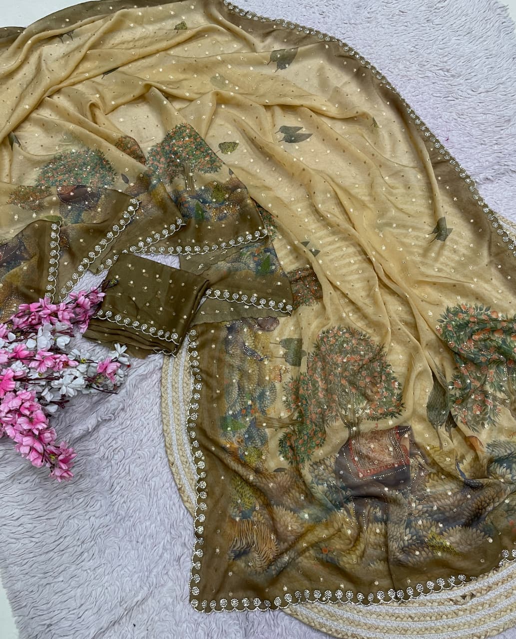 Premium moss saree with jarkhan work