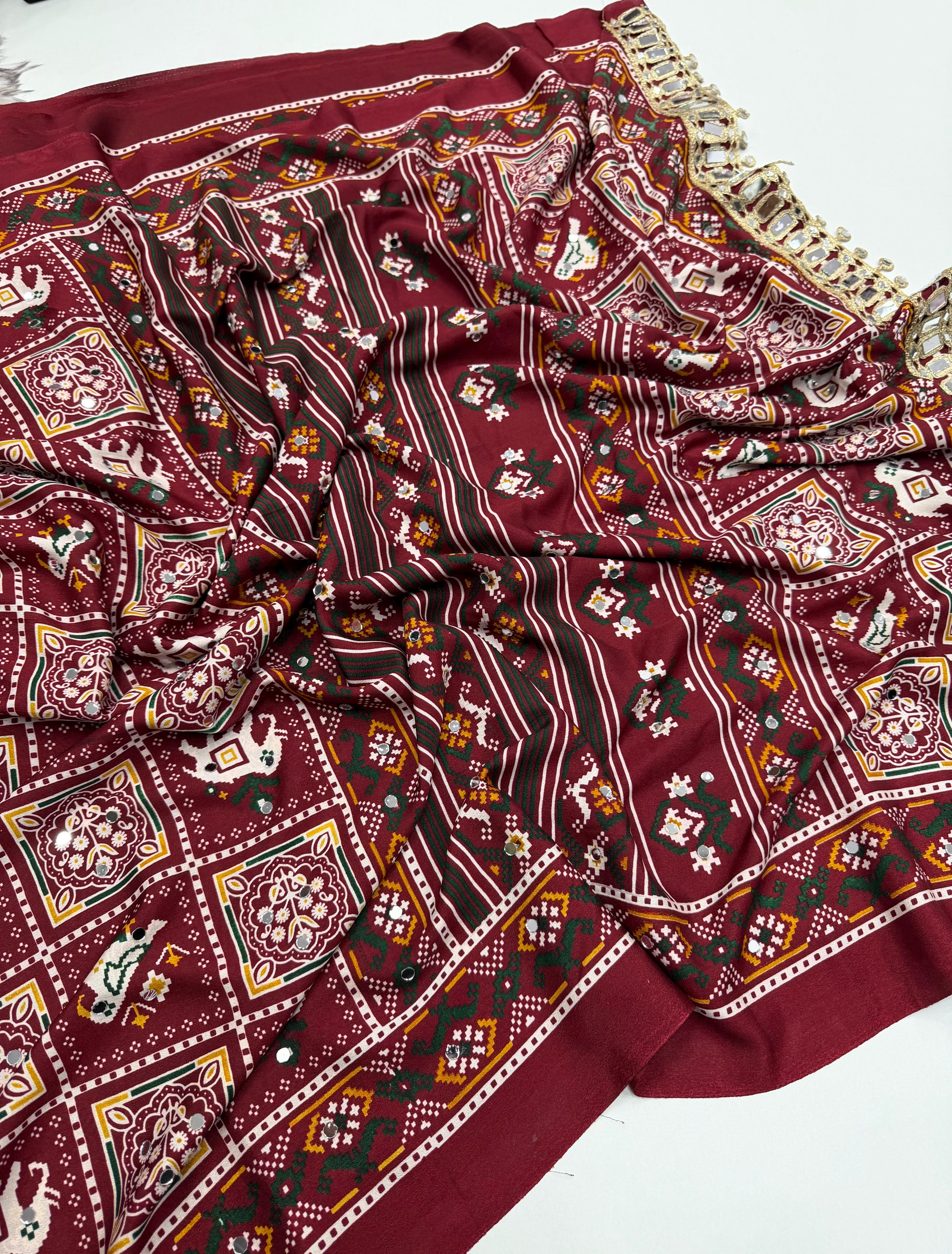 Ajrak satin crepe silk sarees