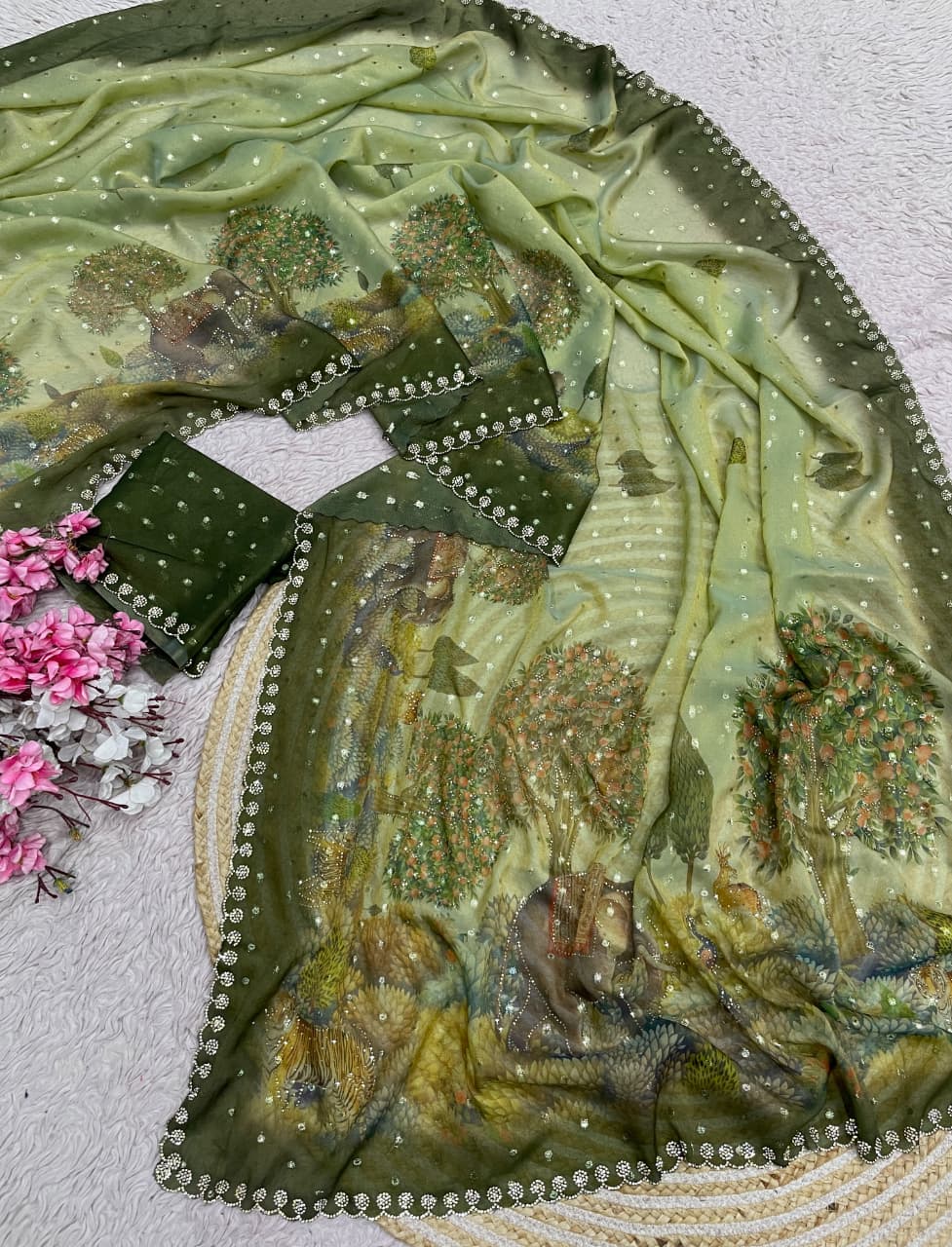 Premium moss saree with jarkhan work