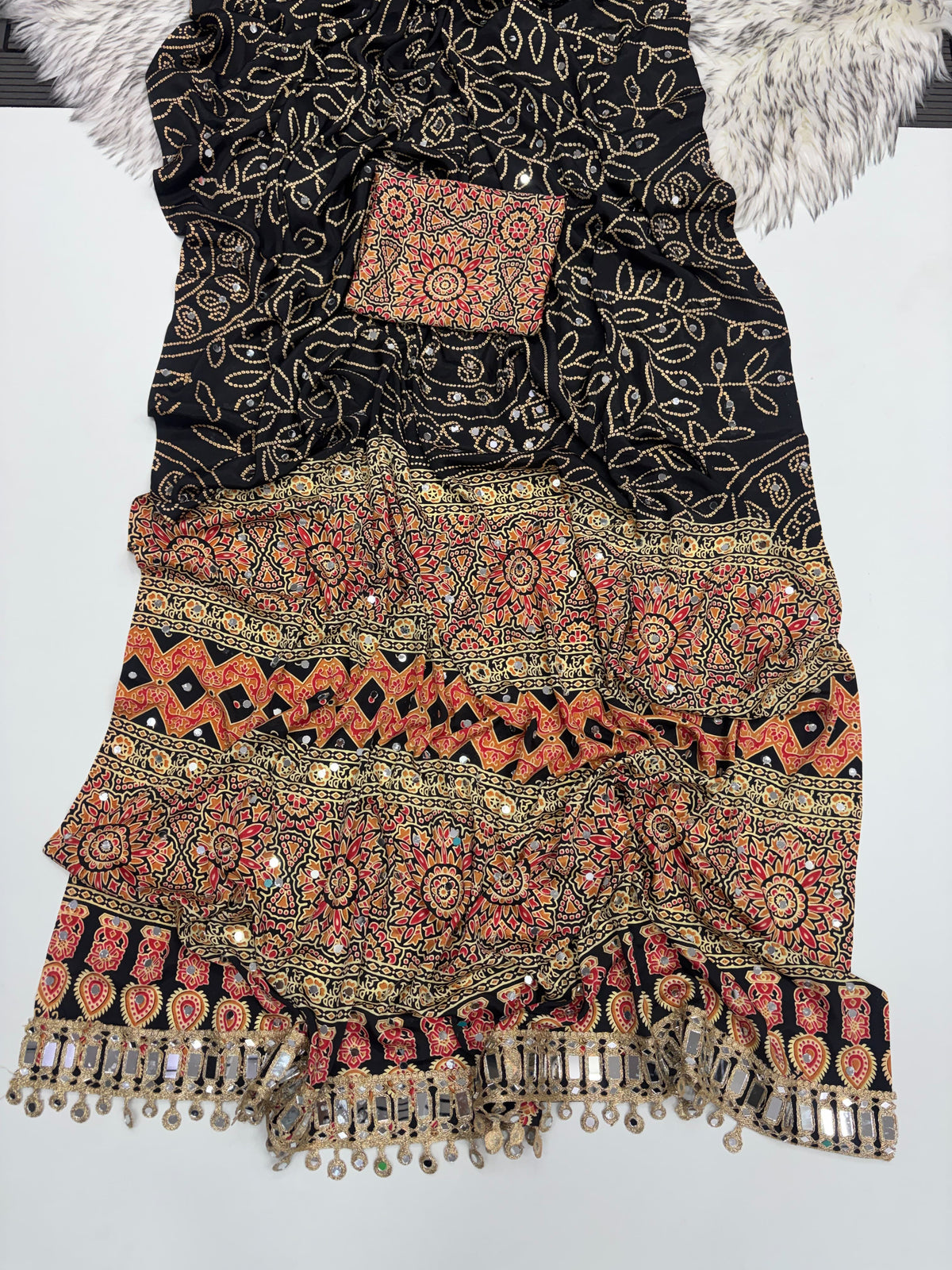 Ajrak mirror work sarees