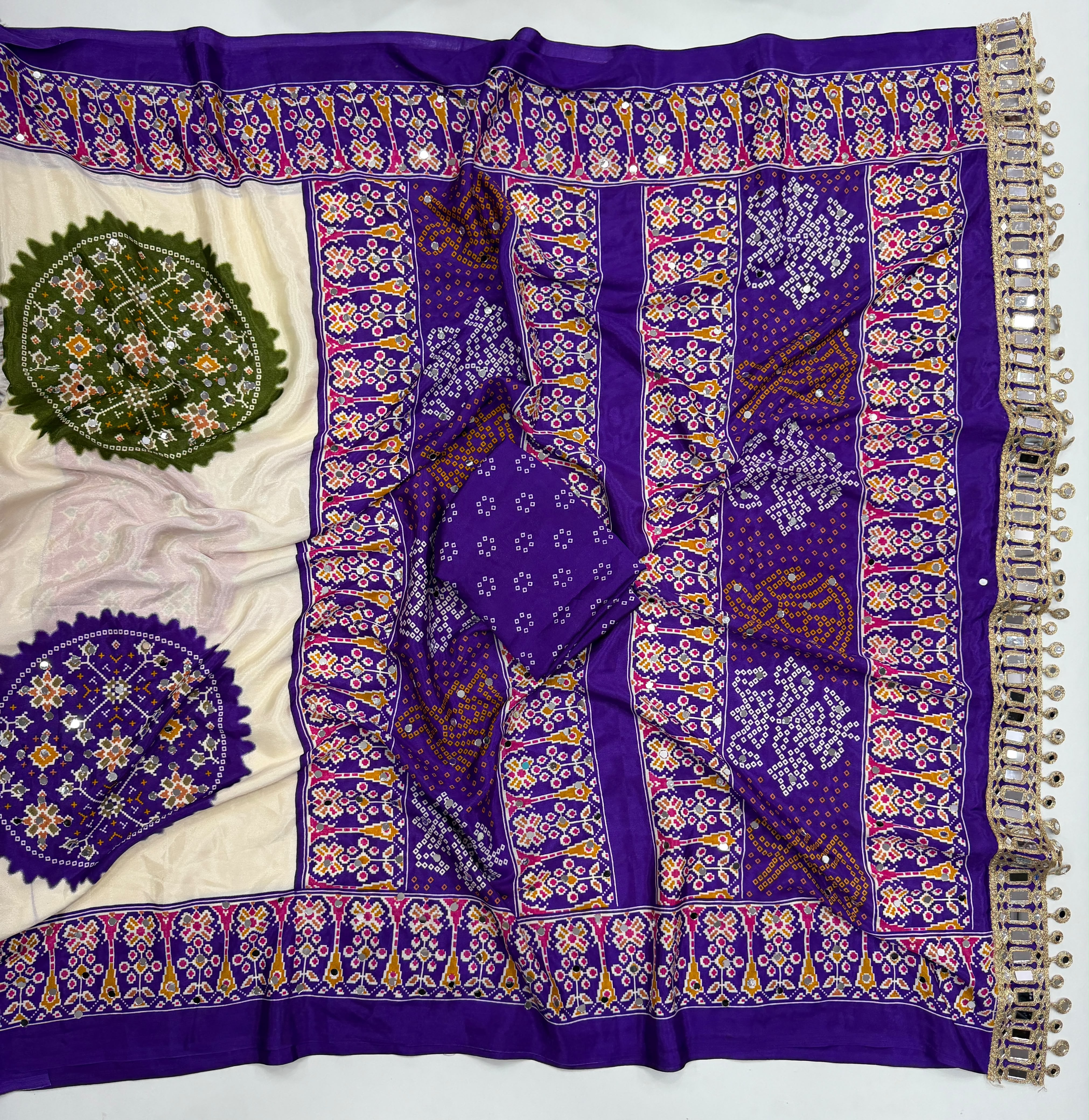 Ajrak crape mirror sarees