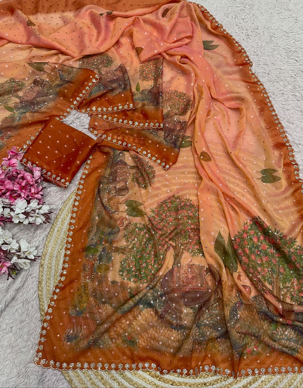 Premium moss saree with jarkhan work