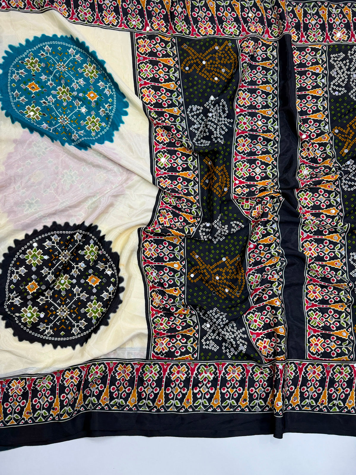 Ajrak crape mirror sarees