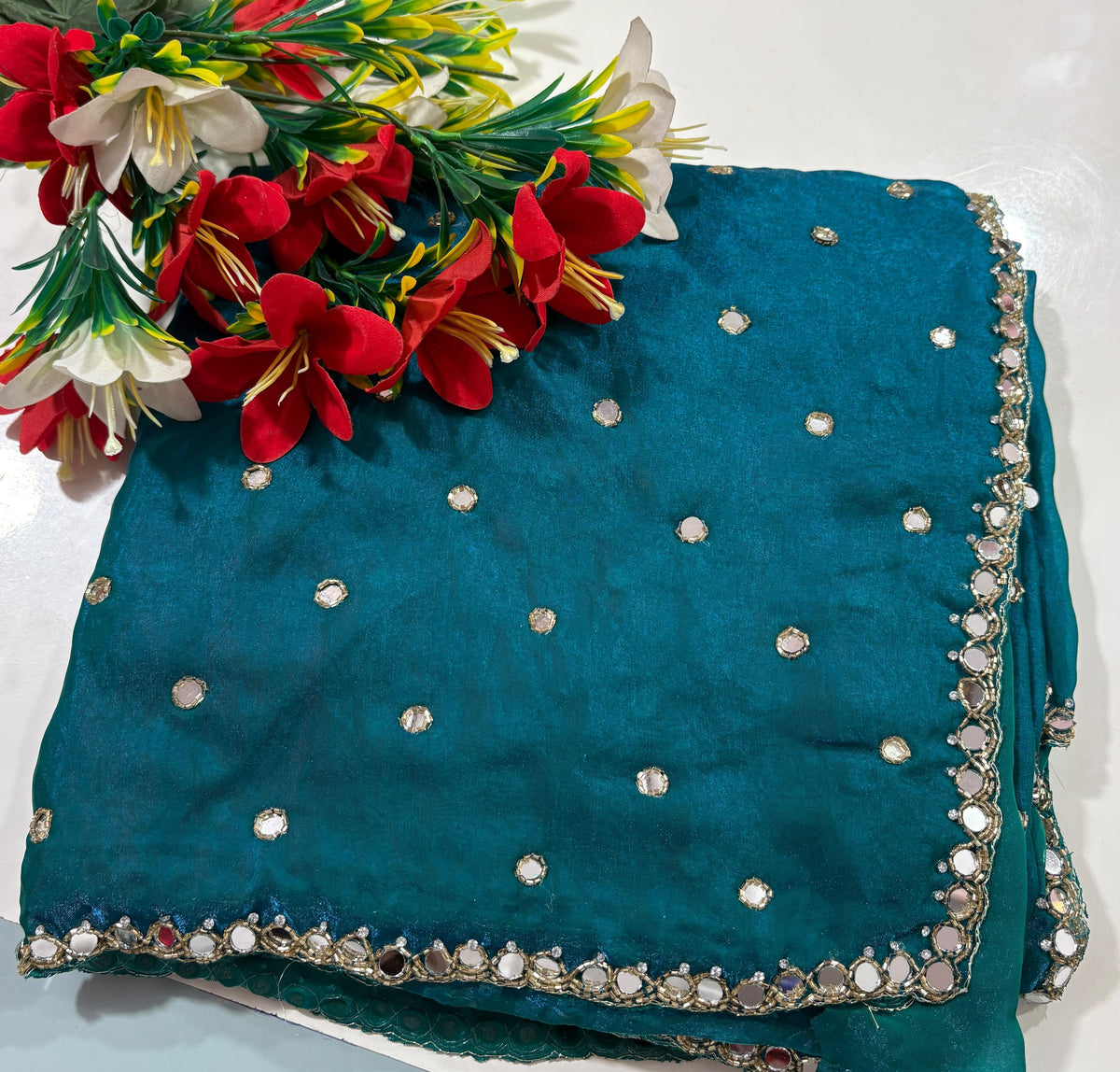 Space silk saree with real mirror work