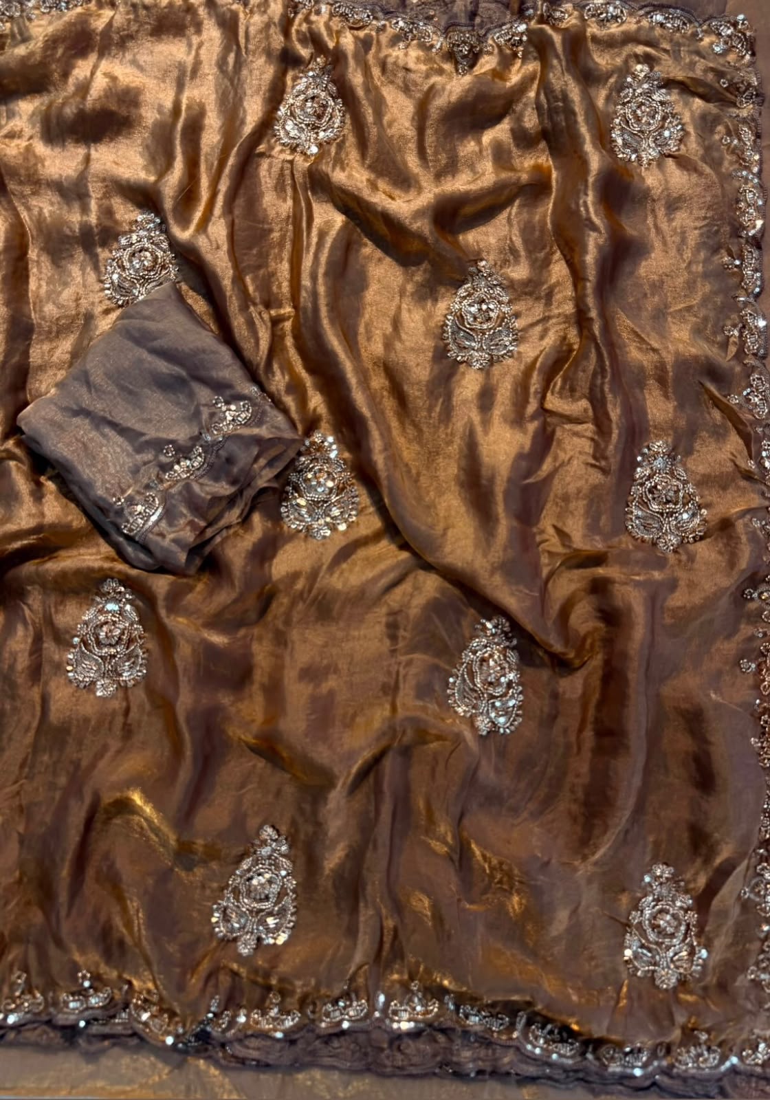 Space silk satin handwork sarees